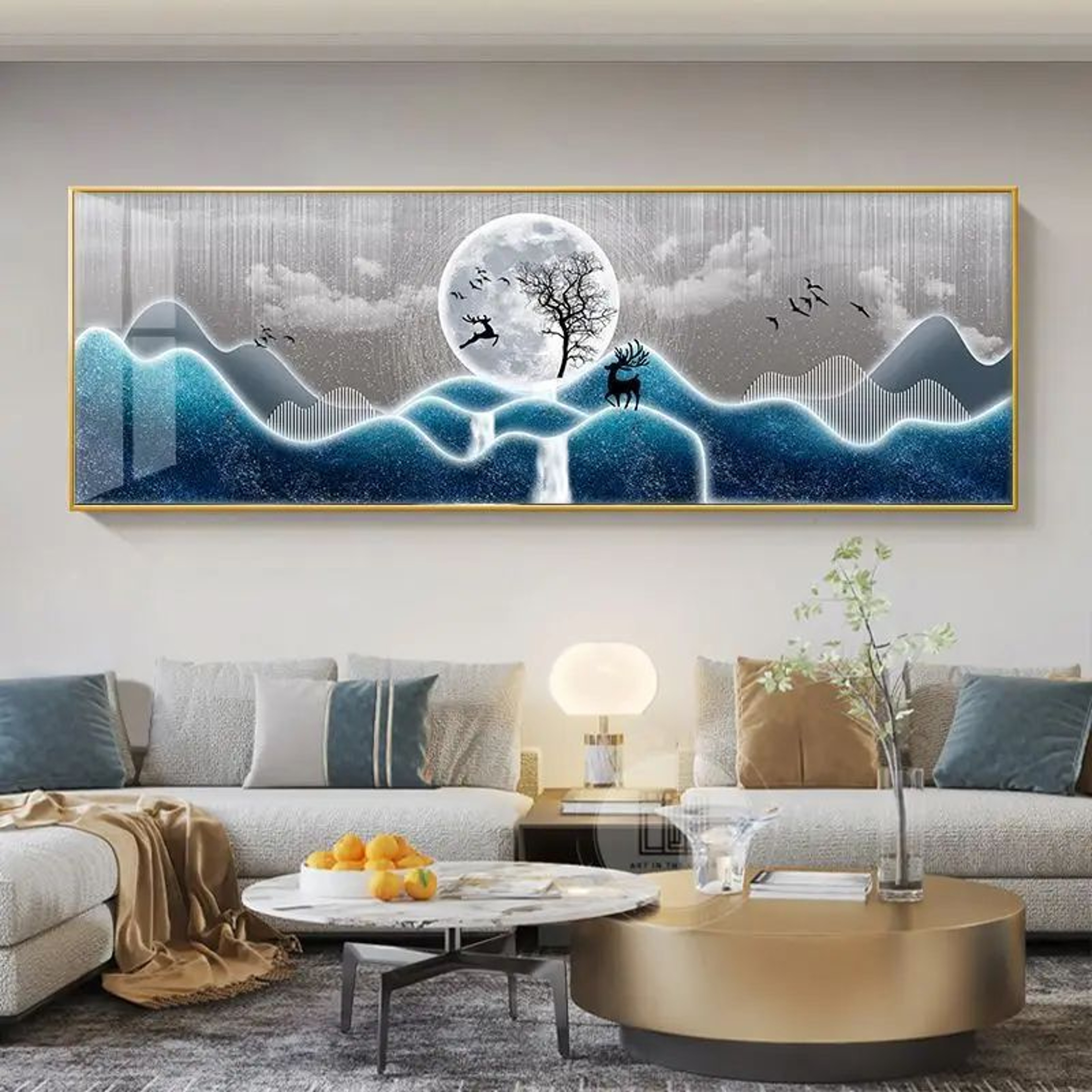 Chinese Golden Deer Canvas Wall Art  Feng Shui Mountain Landscape Poster Unframed 16