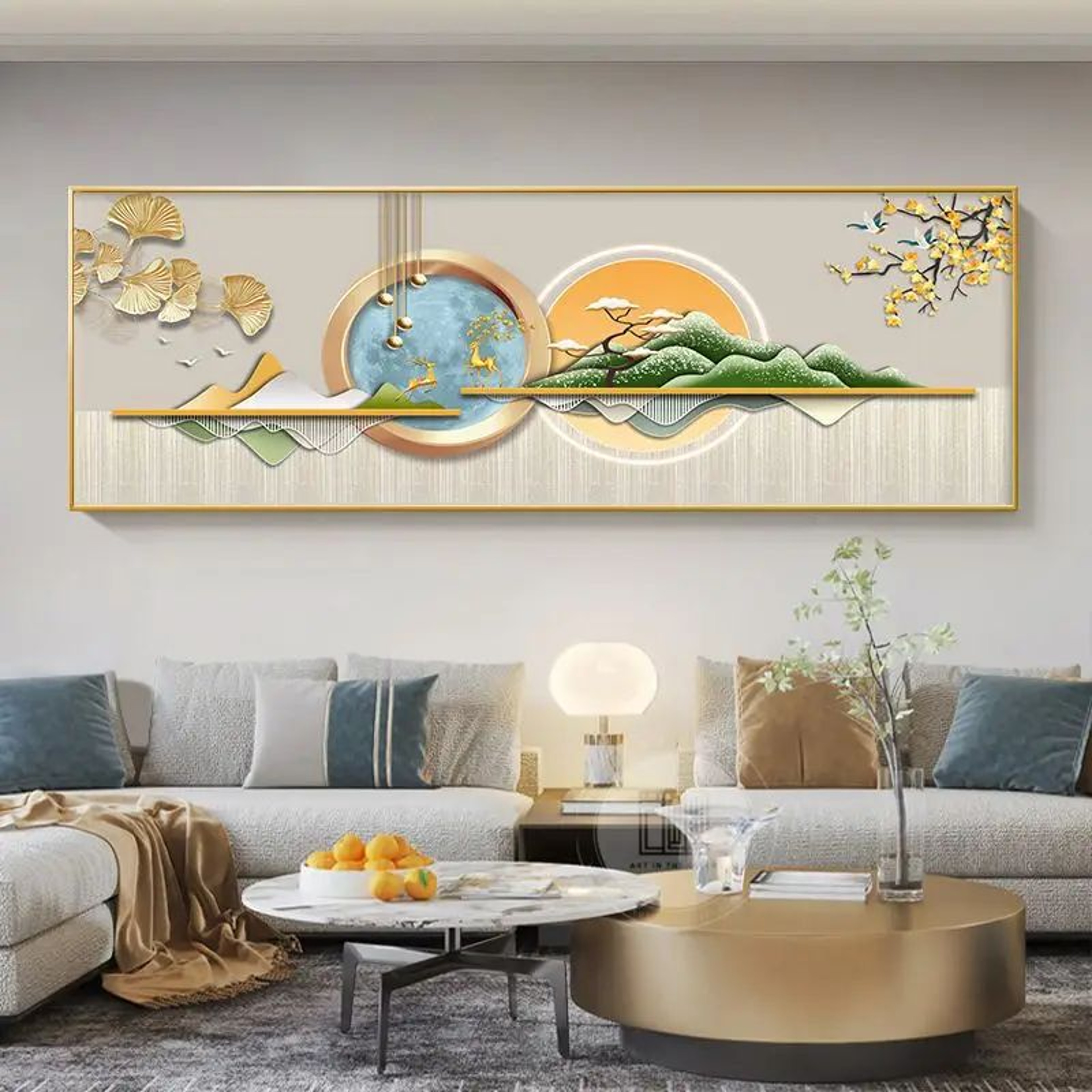 Chinese Golden Deer Canvas Wall Art  Feng Shui Mountain Landscape Poster Unframed 20