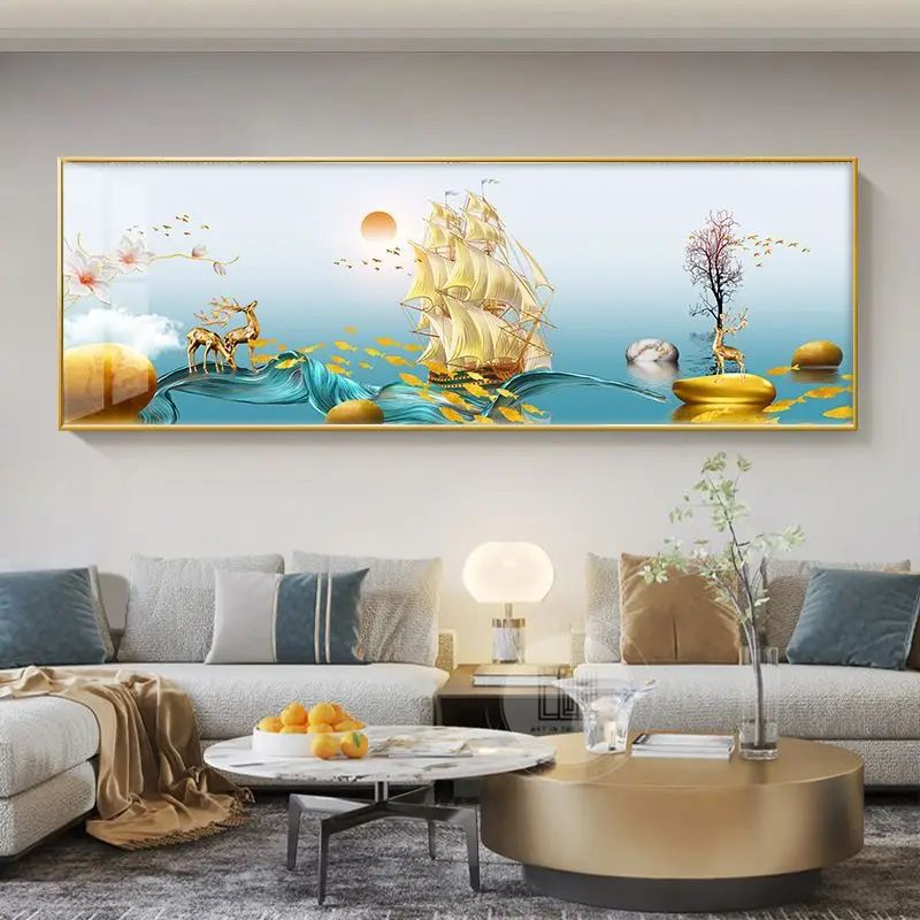 Chinese Golden Deer Canvas Wall Art  Feng Shui Mountain Landscape Poster Unframed 25