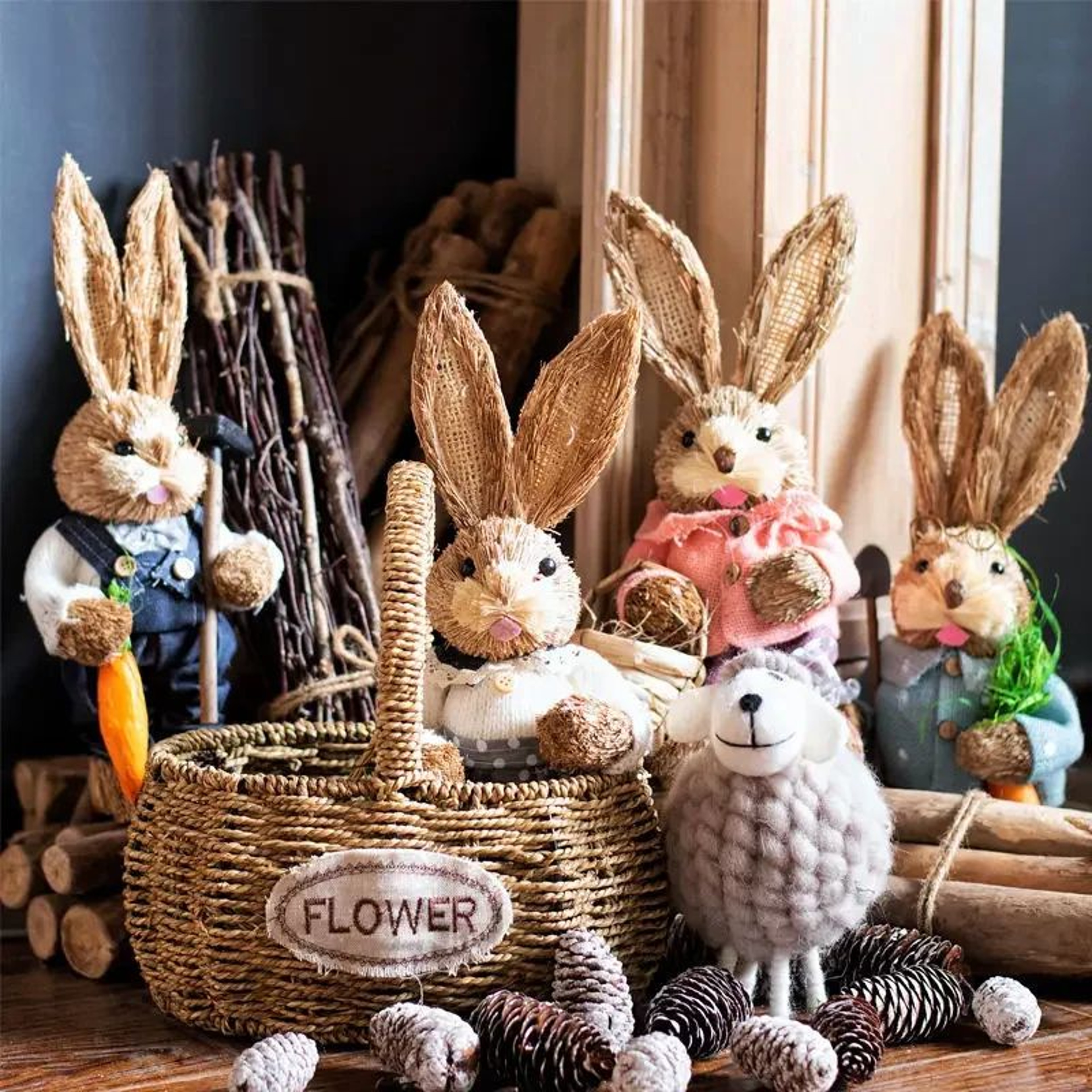 Straw Woven Easter Bunny Decor  18in Handmade Rabbit Garden  Home Ornament 0