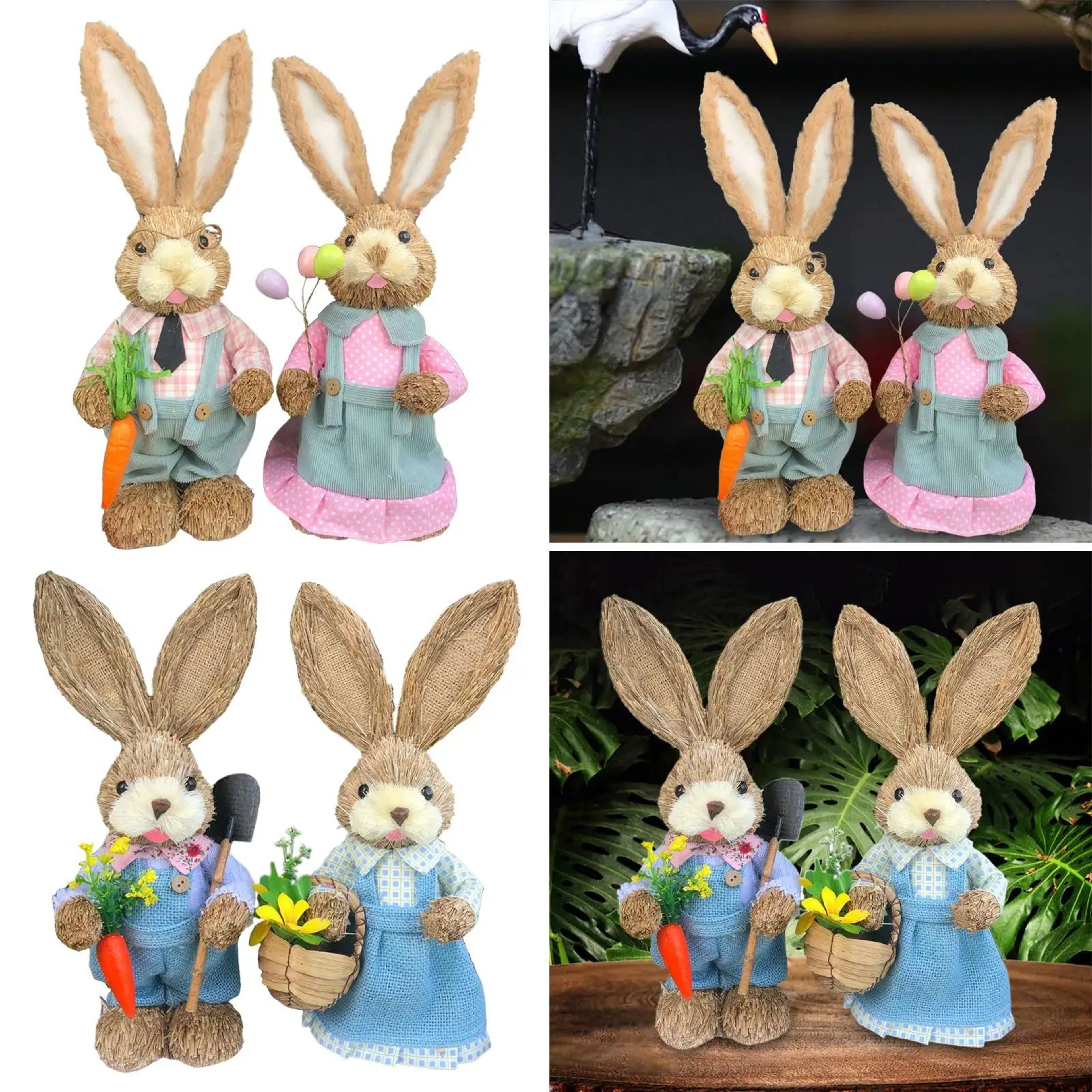 Straw Easter Bunny Figurine Set  14in Spring Rabbit Decor For Home  Garden 2