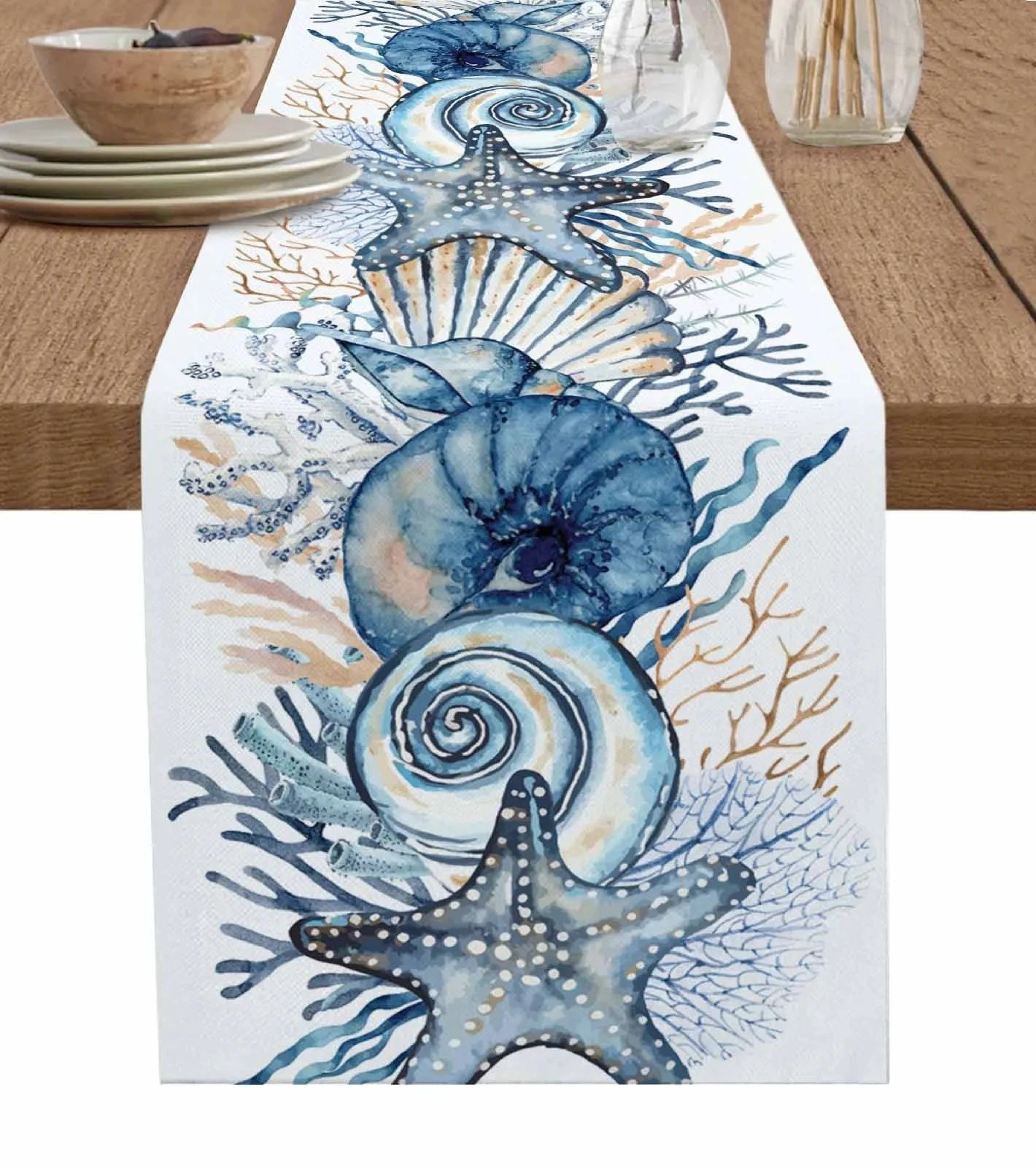 Coastal Summer Linen Table Runner  Ocean Conch  Coral Print Dining Table Decor 0