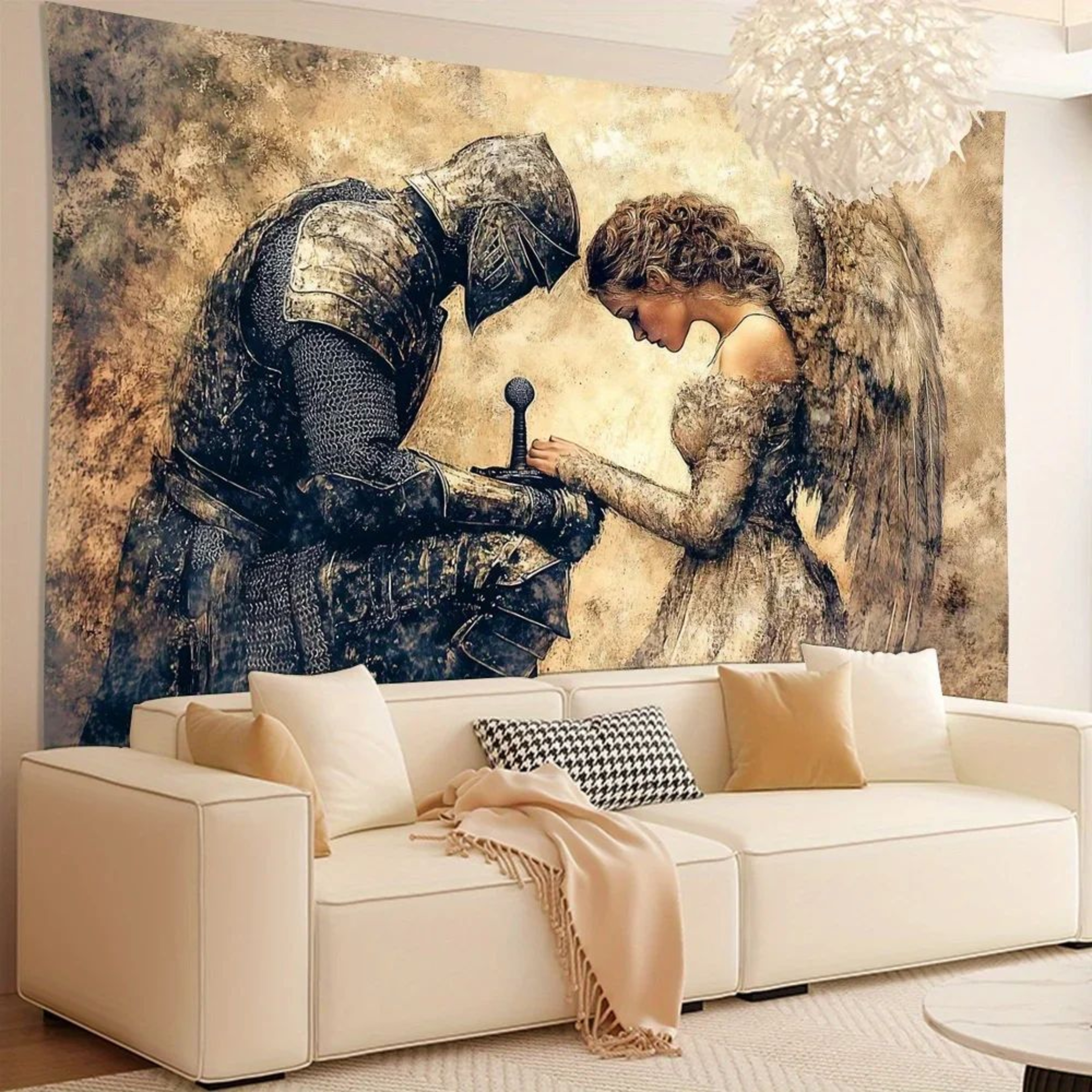 Vintage Knight  Angel Tapestry Wall Hanging  Elegant Prayer Scene Polyester Fabric Home Decor 2
