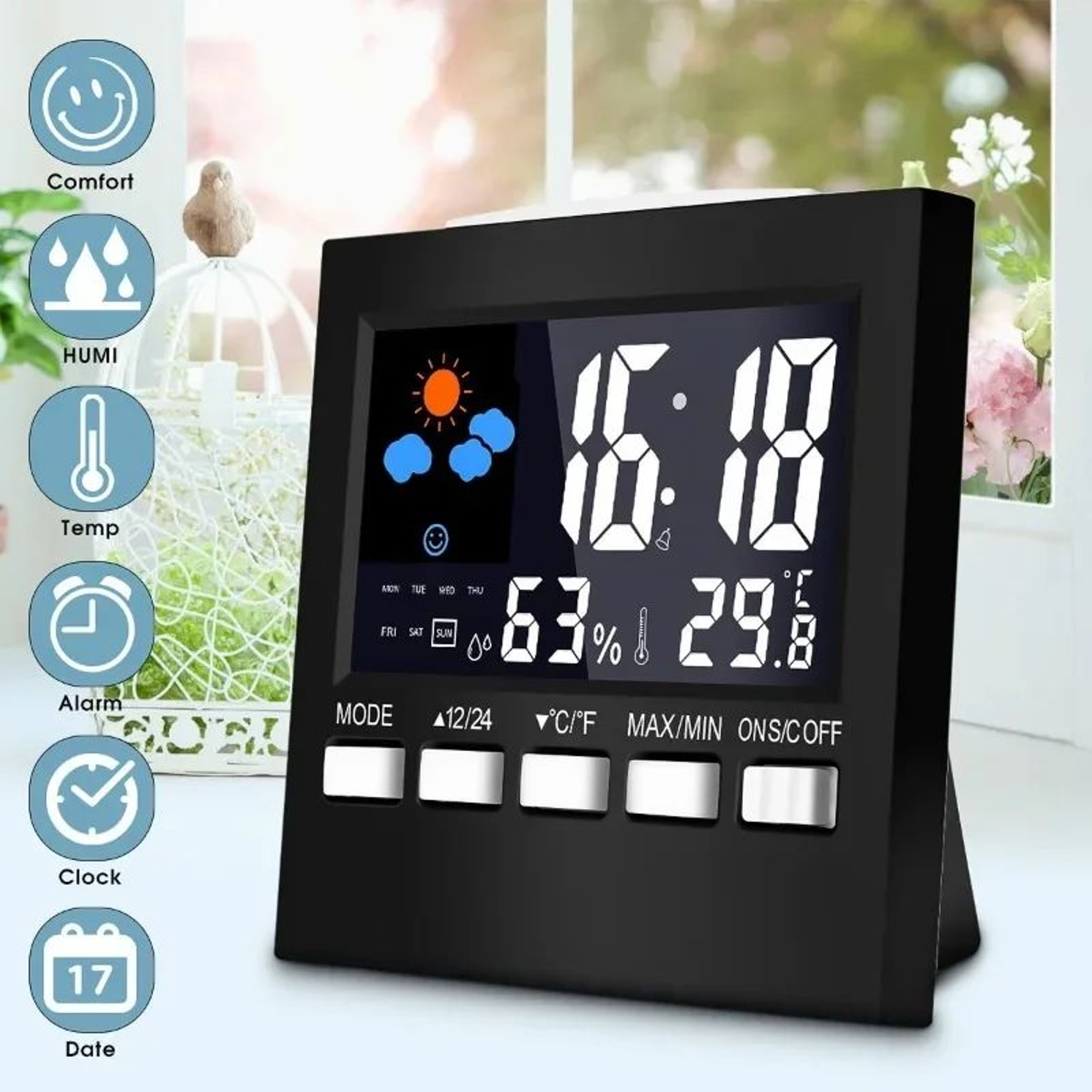 Smart Weather Forecast Station Clock  LCD Temperature Humidity Monitor With Alarm  Voice Control 0