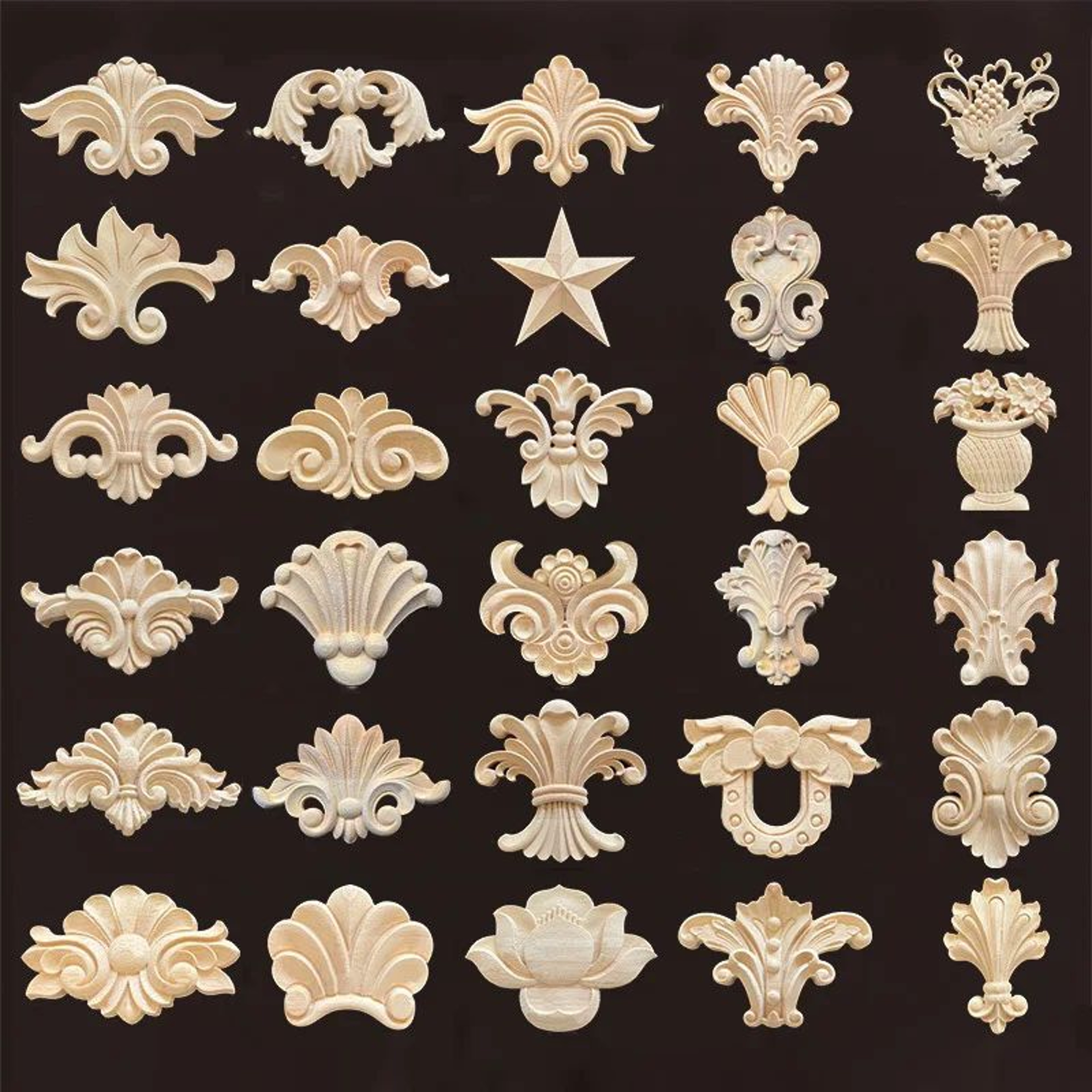 Natural Wood Carved Applique Onlays  Antique Furniture Moulding Decor 0