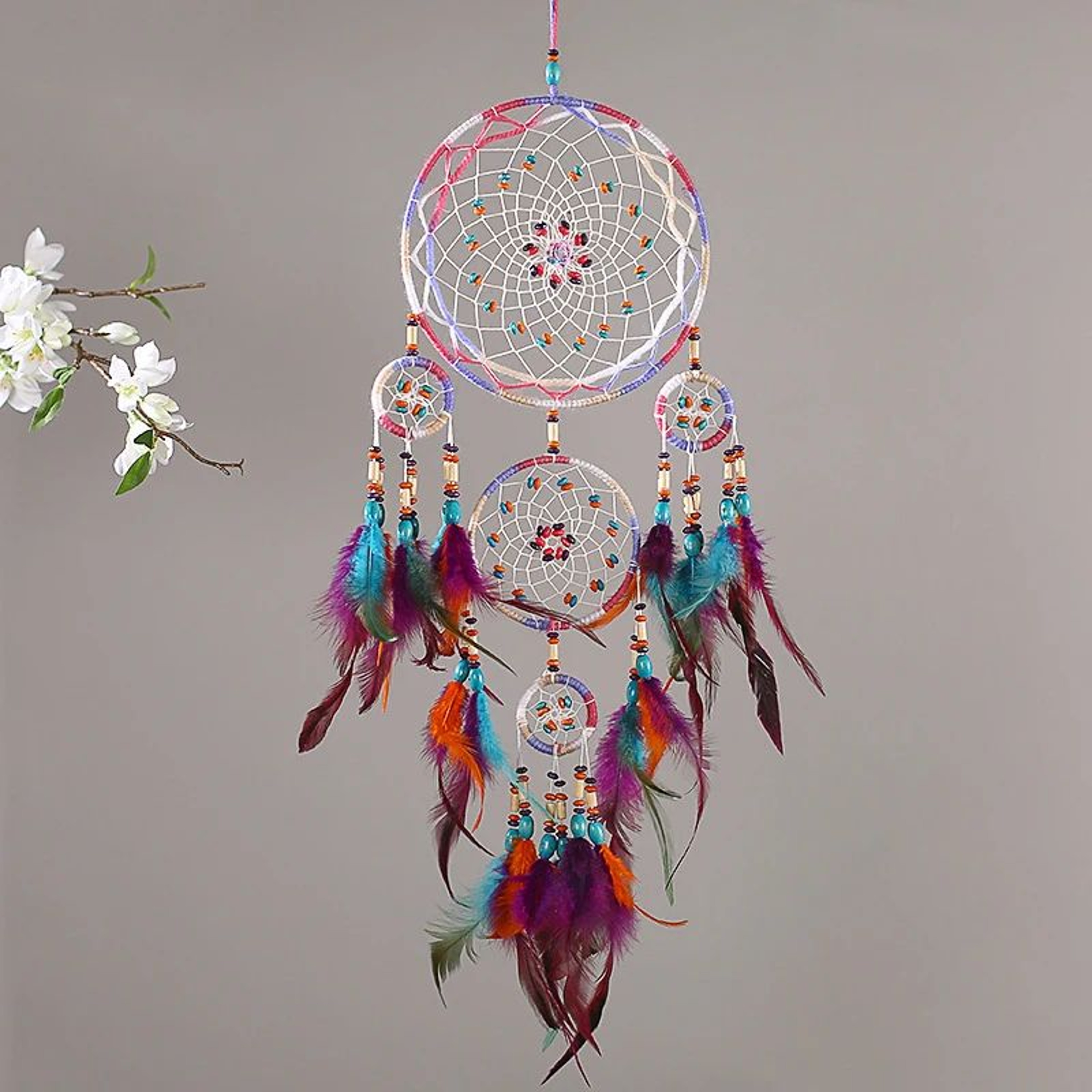 Handmade FiveRing Dream Catcher Wall Hanging  Boho Feather Bead Home Decor 1