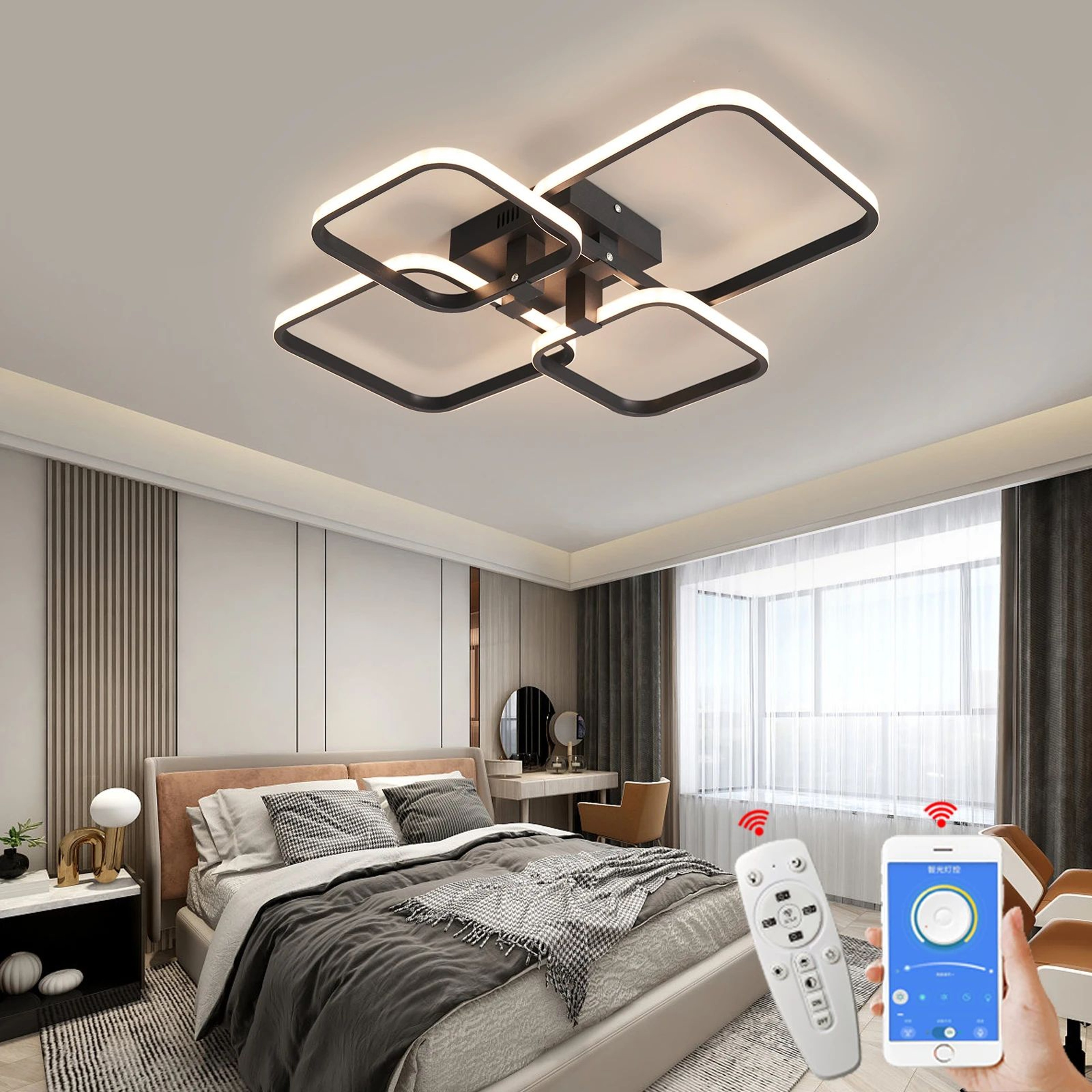 Modern Dimmable LED Chandelier Ceiling Light With Remote  App Control  Black  White Acrylic Aluminu 1