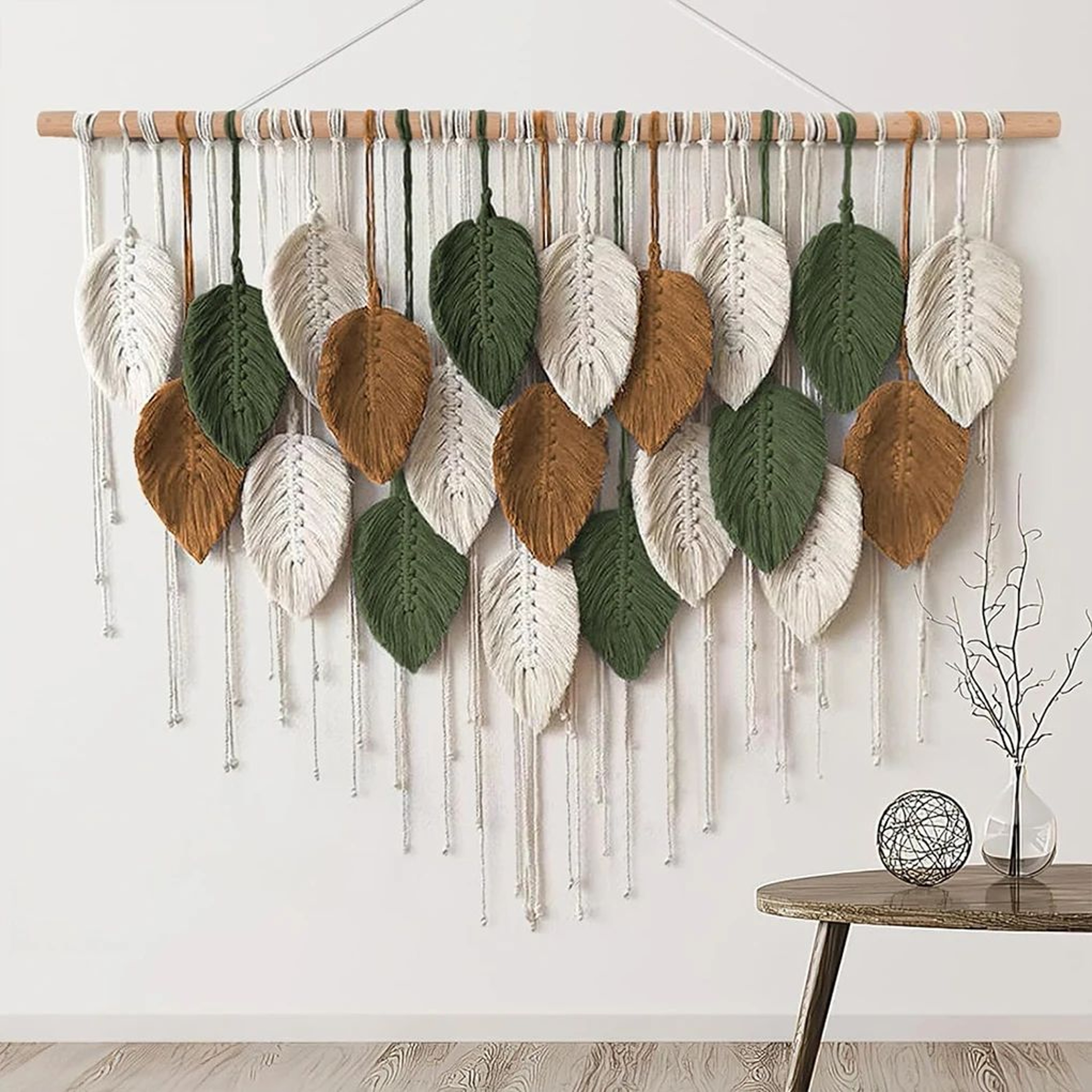 Large Boho Macrame Wall Hanging  Handwoven Cotton Leaf  Feather Tapestry For Chic Home Decor 2