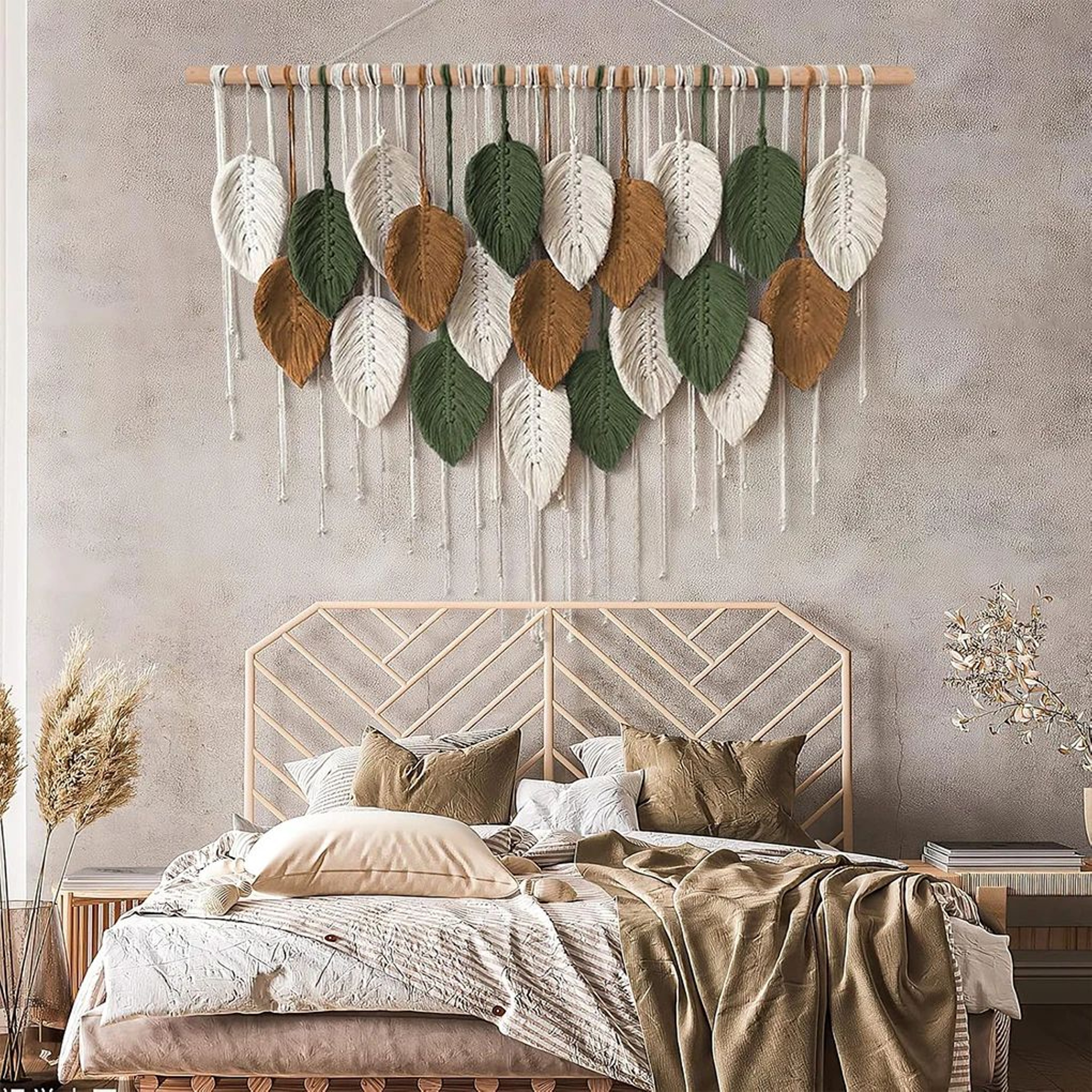 Large Boho Macrame Wall Hanging  Handwoven Cotton Leaf  Feather Tapestry For Chic Home Decor 3