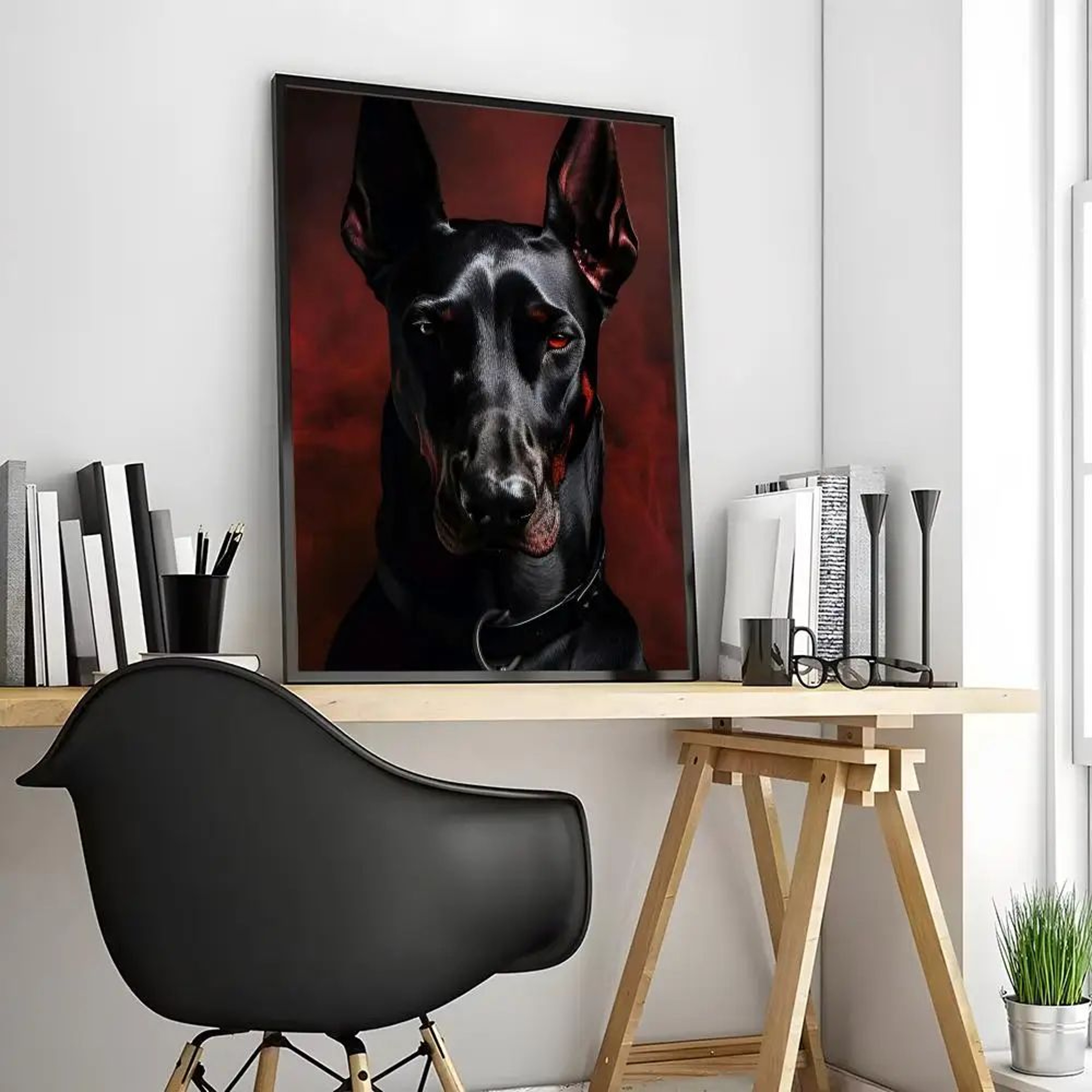 Black Doberman  Woman Canvas Wall Art  Elegant Calligraphy Portrait Print For Modern Home Decor 1