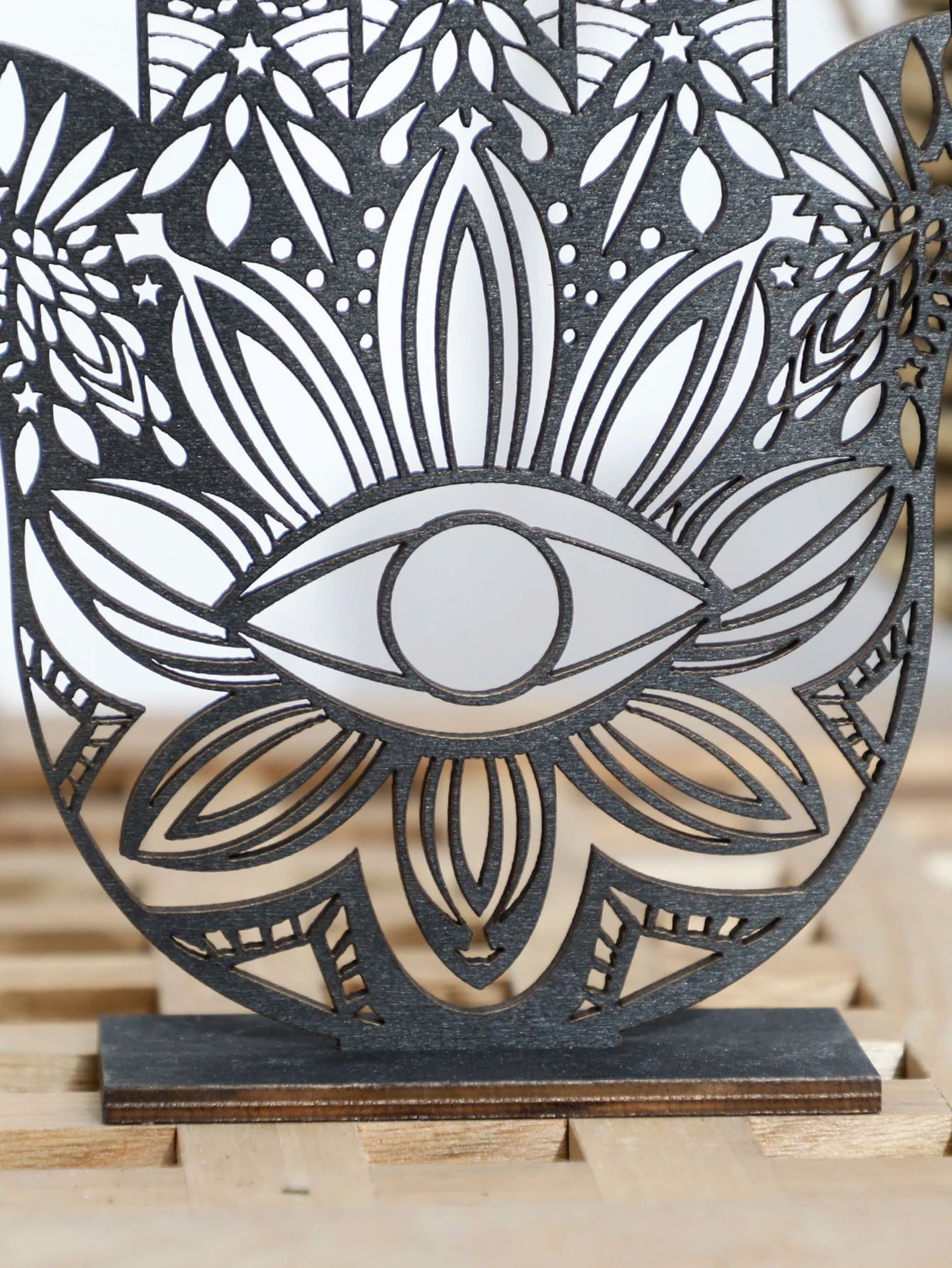 Elegant Black Hamsa Hand Evil Eye Desk Decor  Wooden Good Luck Protection Ornament For Home  Office 3