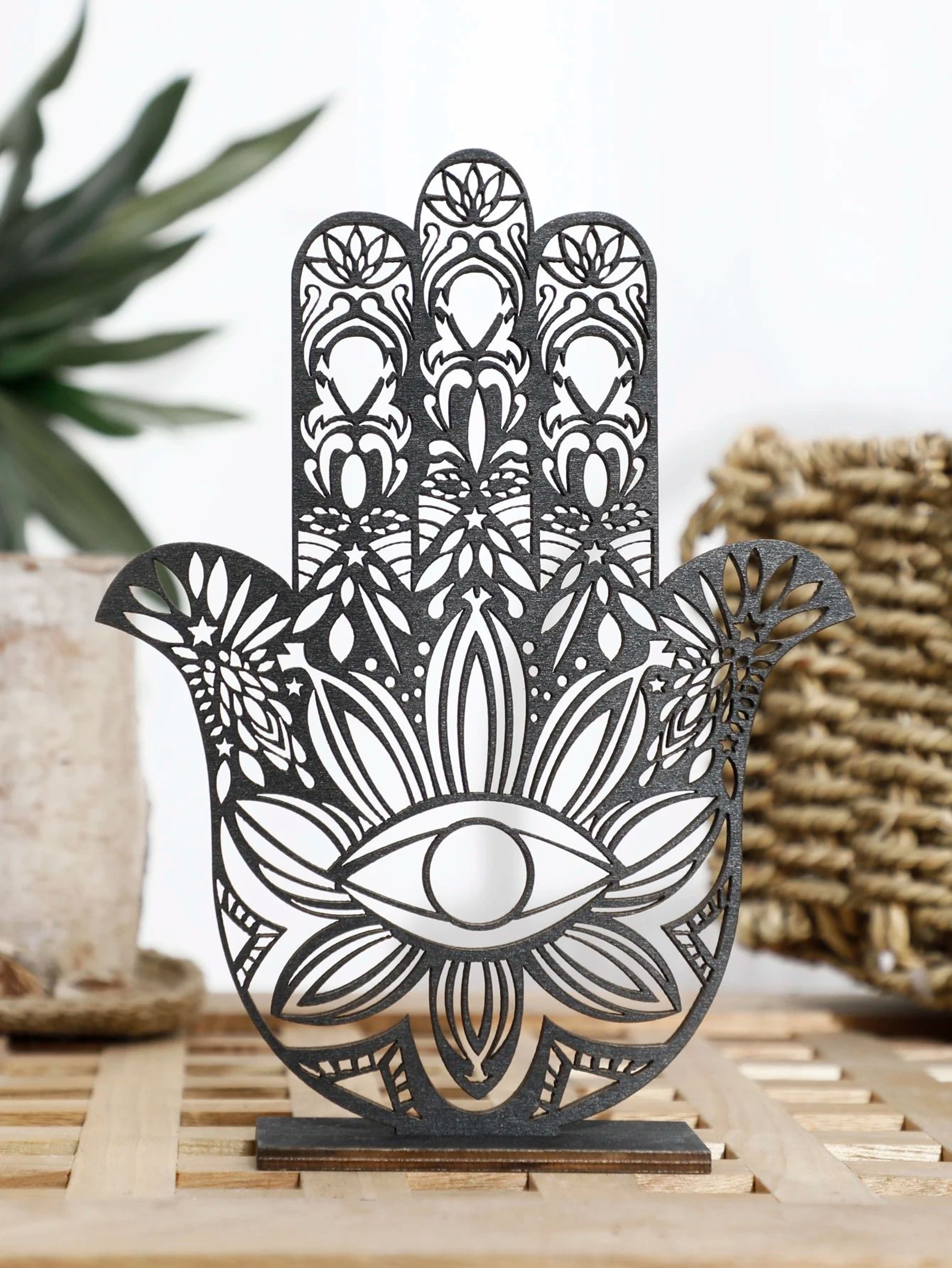 Elegant Black Hamsa Hand Evil Eye Desk Decor  Wooden Good Luck Protection Ornament For Home  Office 0