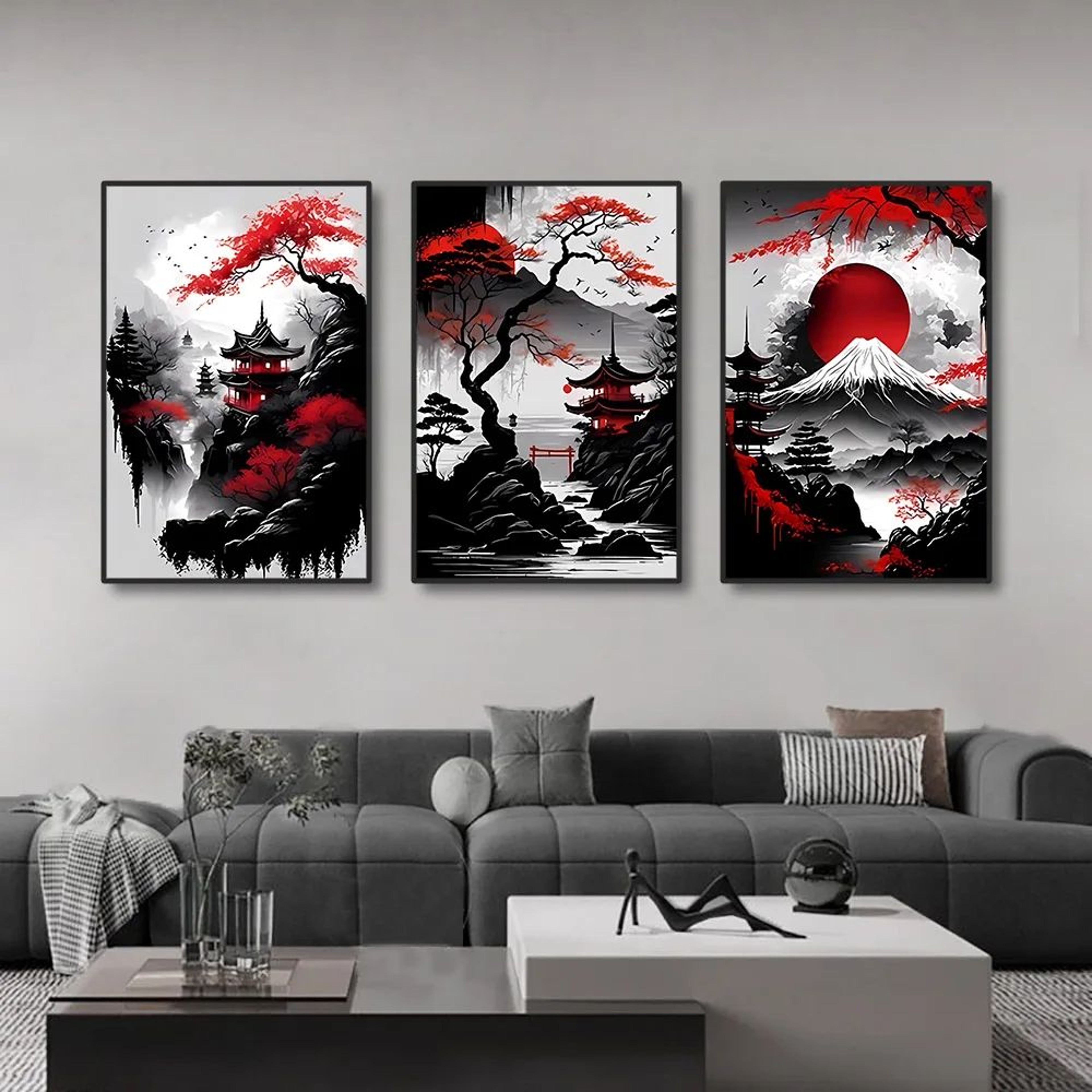 3pcs Vintage Japanese Landscape Canvas Wall Art Prints  Oriental Black  Red Home Decor Posters 1