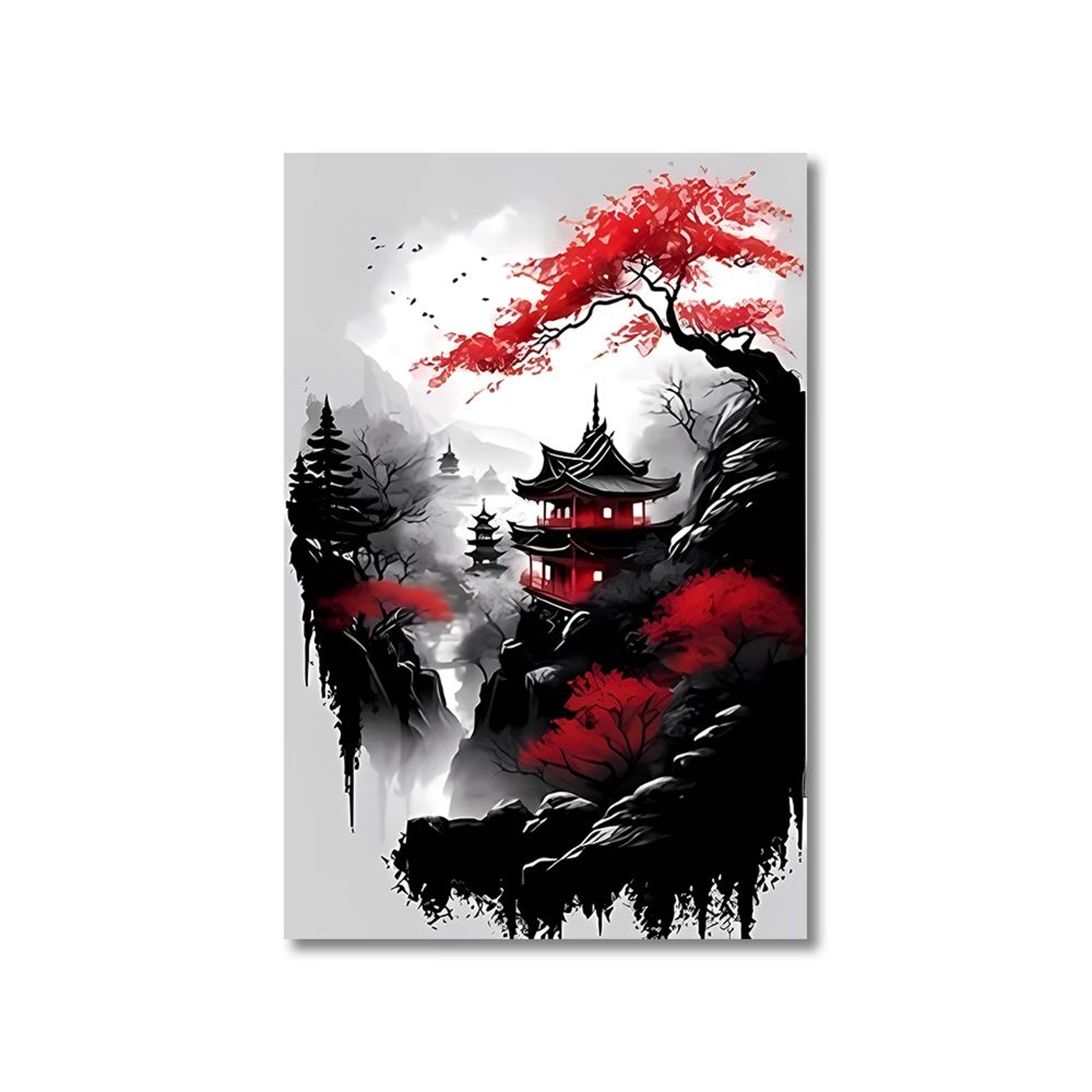 3pcs Vintage Japanese Landscape Canvas Wall Art Prints  Oriental Black  Red Home Decor Posters 6