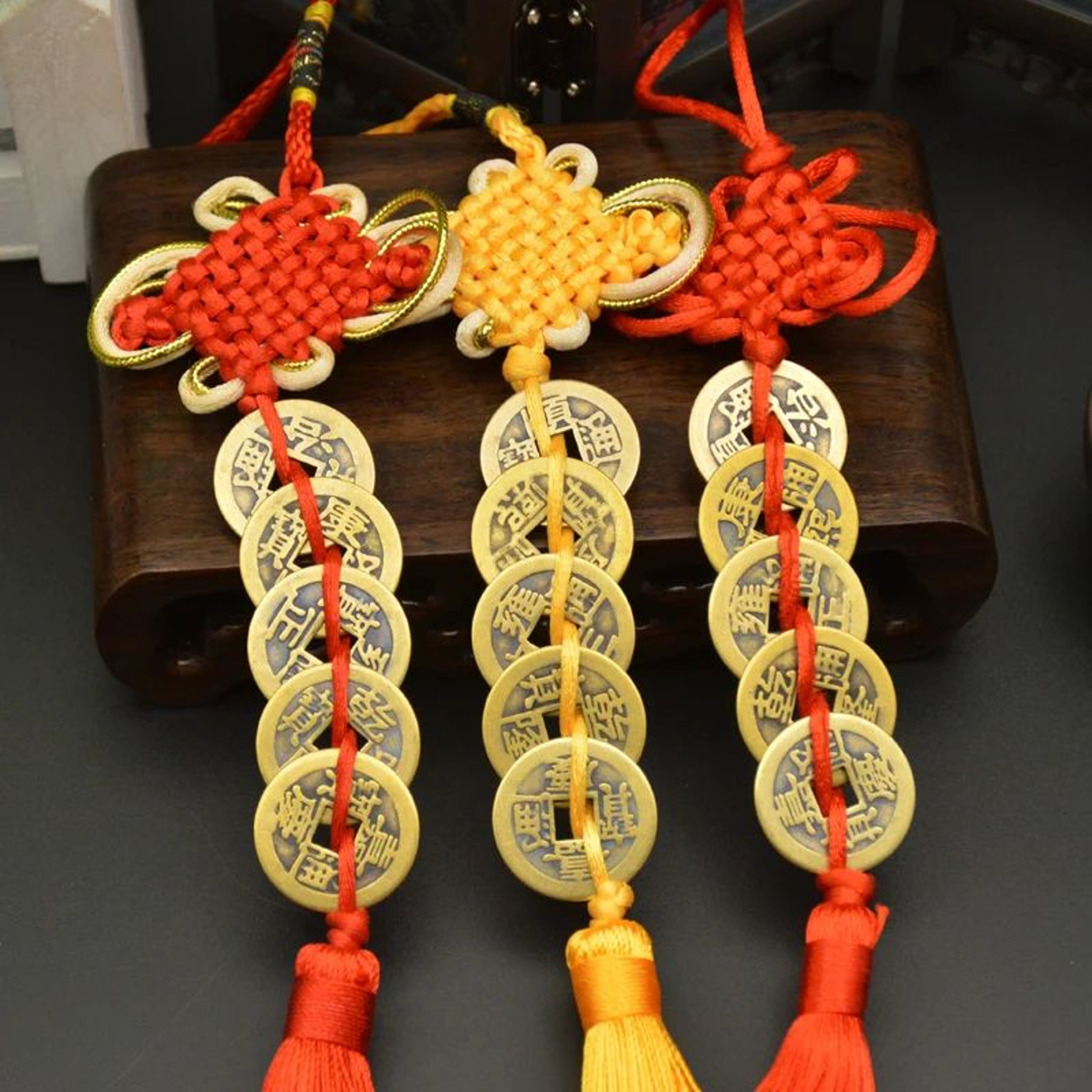 Chinese Knot Lucky Charm With Five Emperors Coins  Feng Shui Prosperity  Protection Decor 1