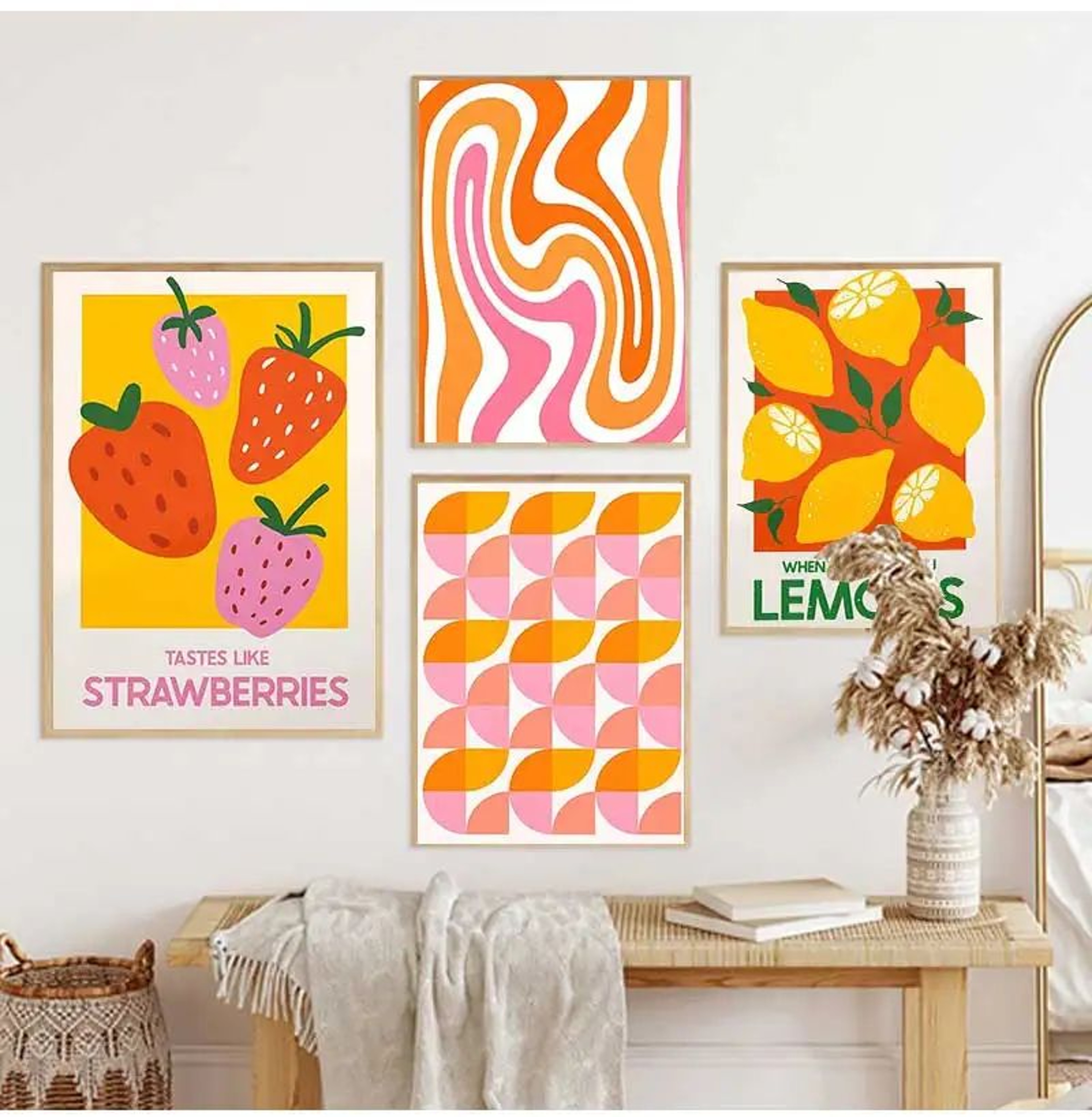 Pink Strawberry Lemon Cocktail Canvas Poster  Retro Kitchen  Bar Wall Art 0