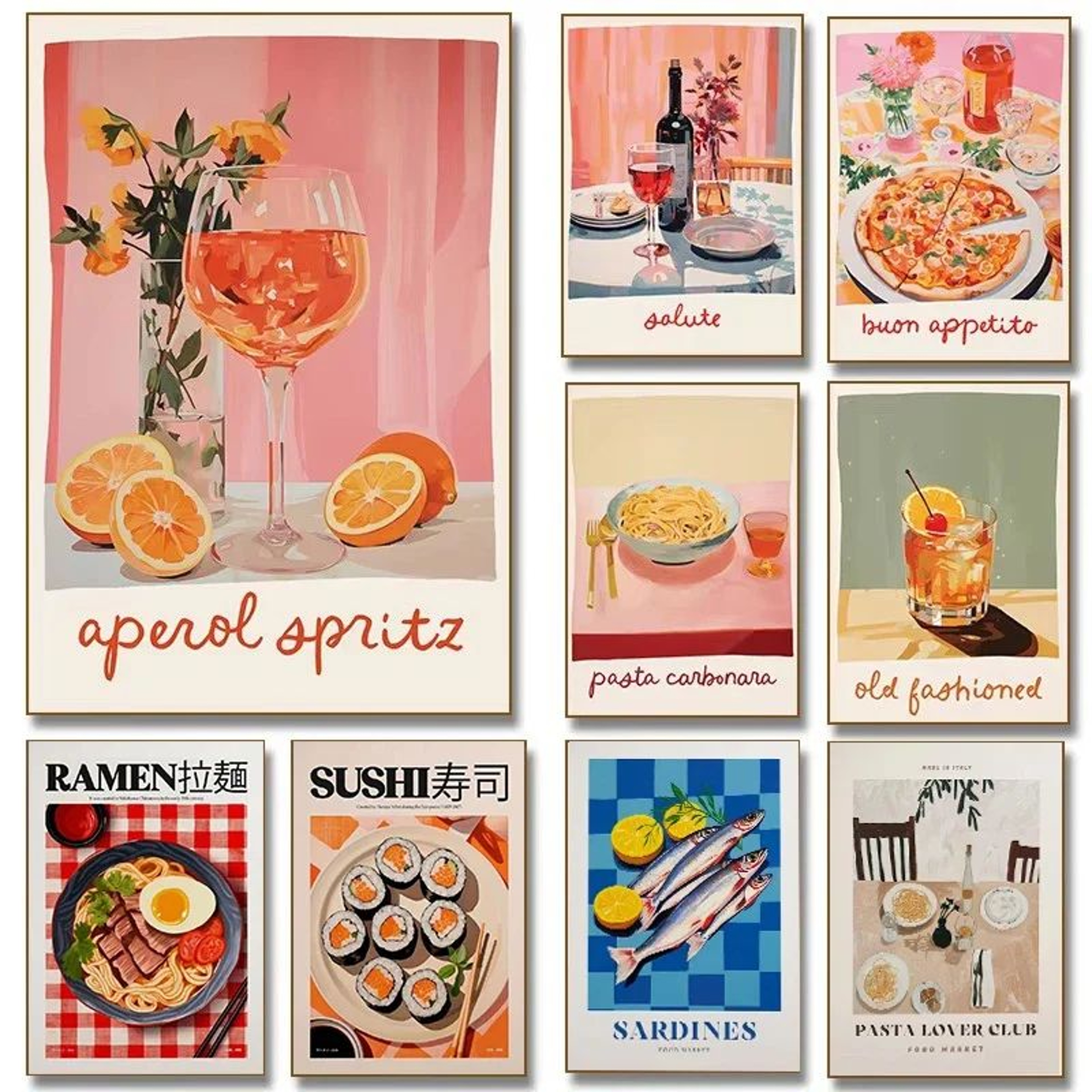Aperol Spritz Cocktail Canvas Wall Art  Italian Pizza Wine  Negroni Kitchen Poster 0