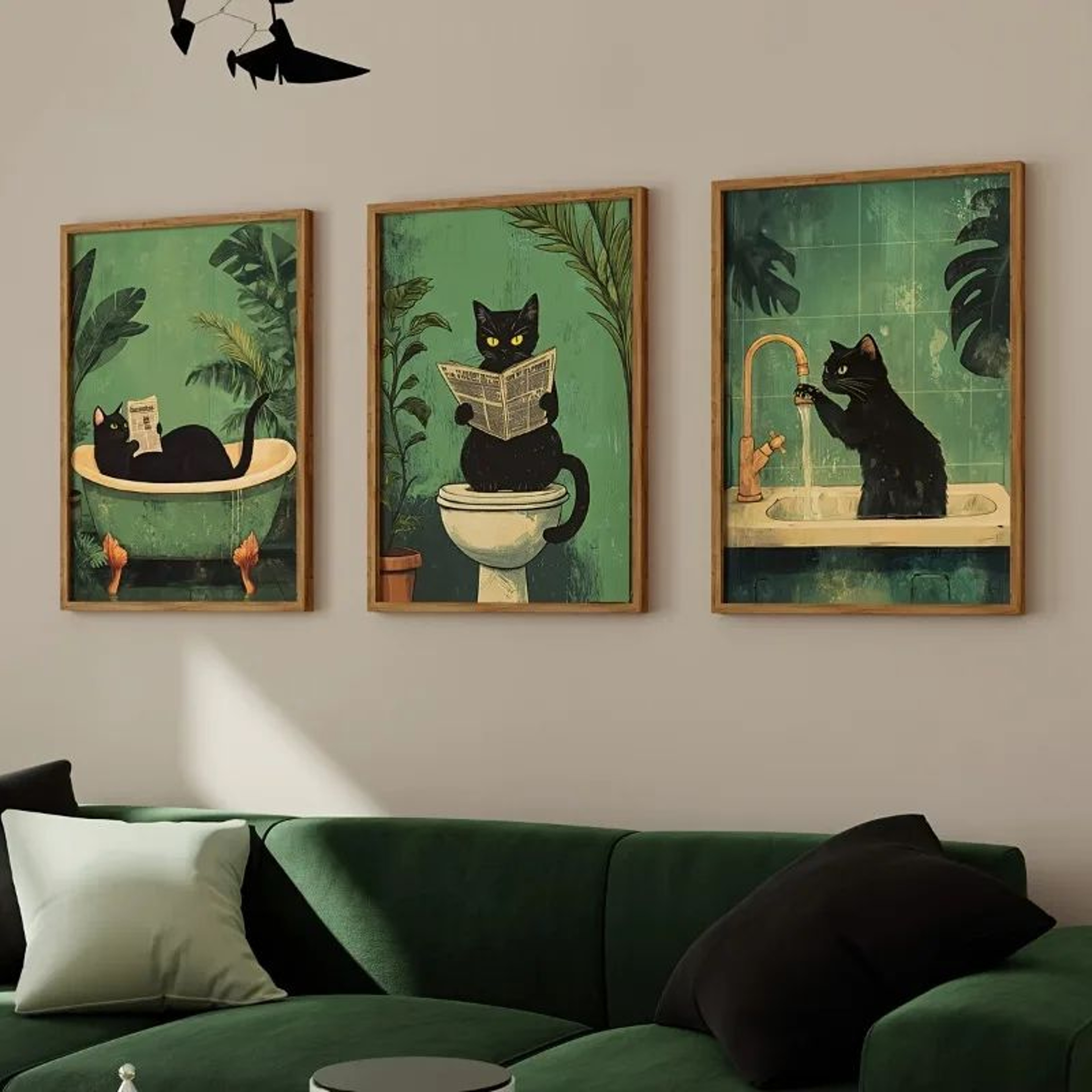 Funny Black Cat Bathroom Canvas Wall Art Set  Vintage Toilet Animal Posters For Modern Decor 1