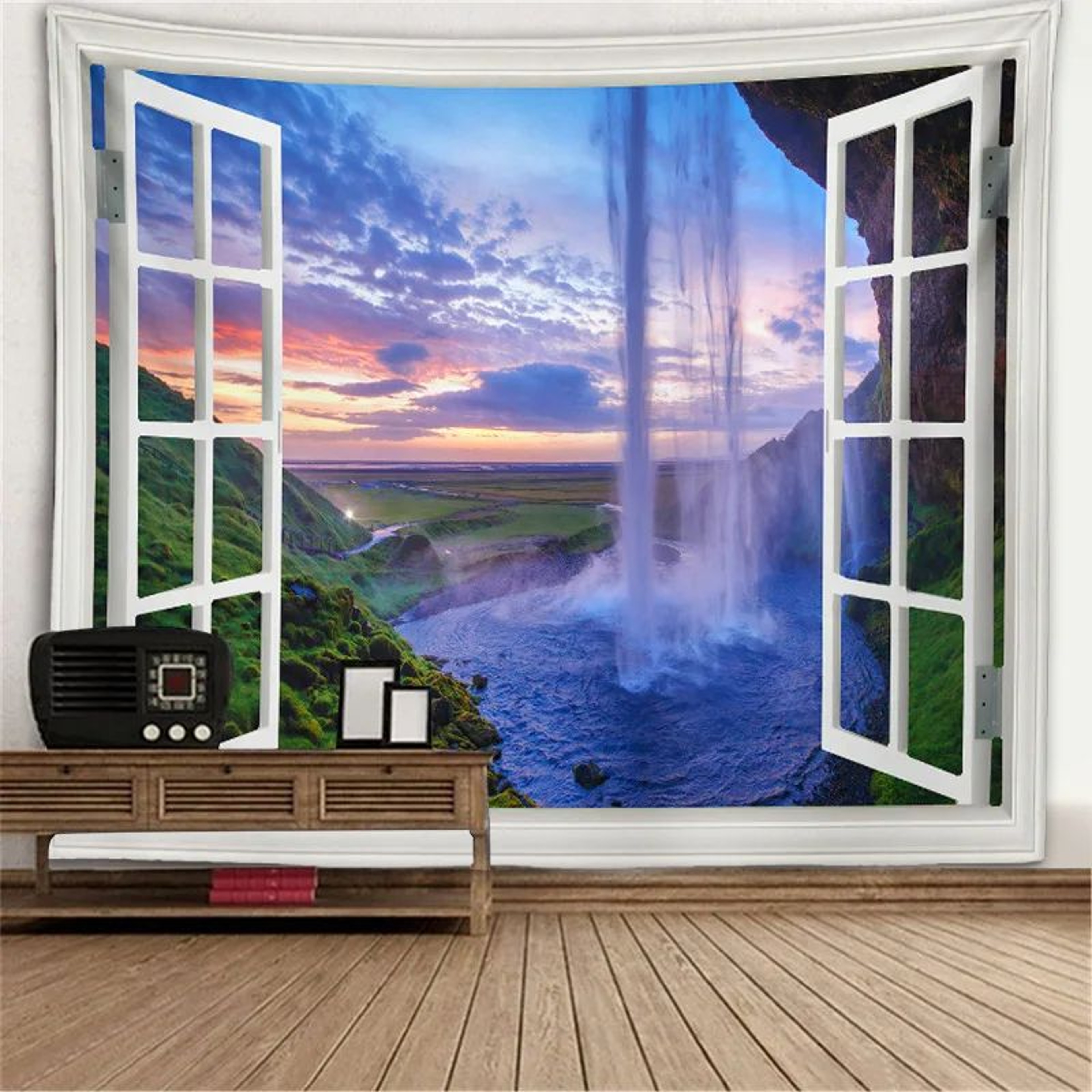 Fantasy Window Scenery Wall Tapestry  Tree Hollow  Fireplace Background Hanging Decor 5