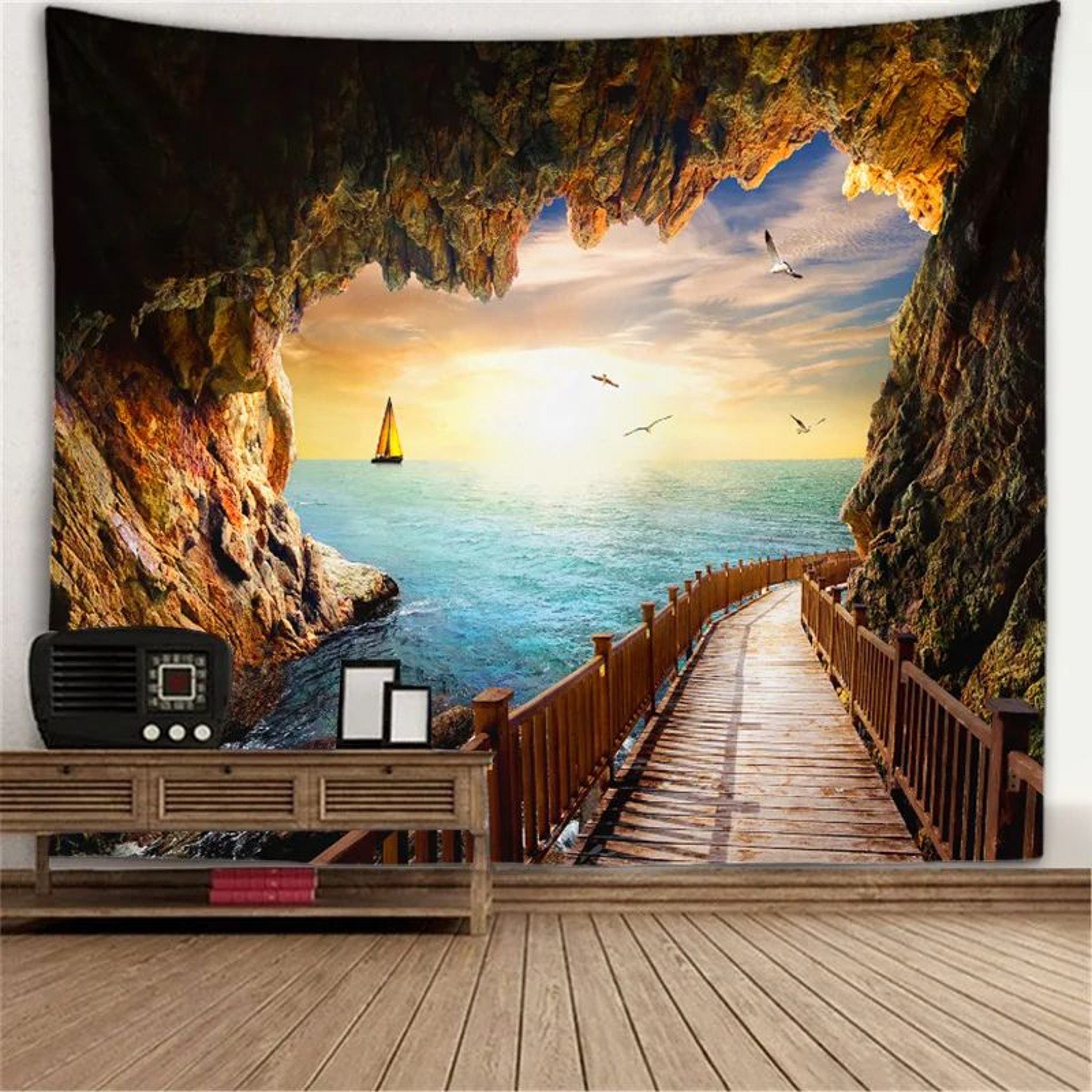 Fantasy Window Scenery Wall Tapestry  Tree Hollow  Fireplace Background Hanging Decor 25