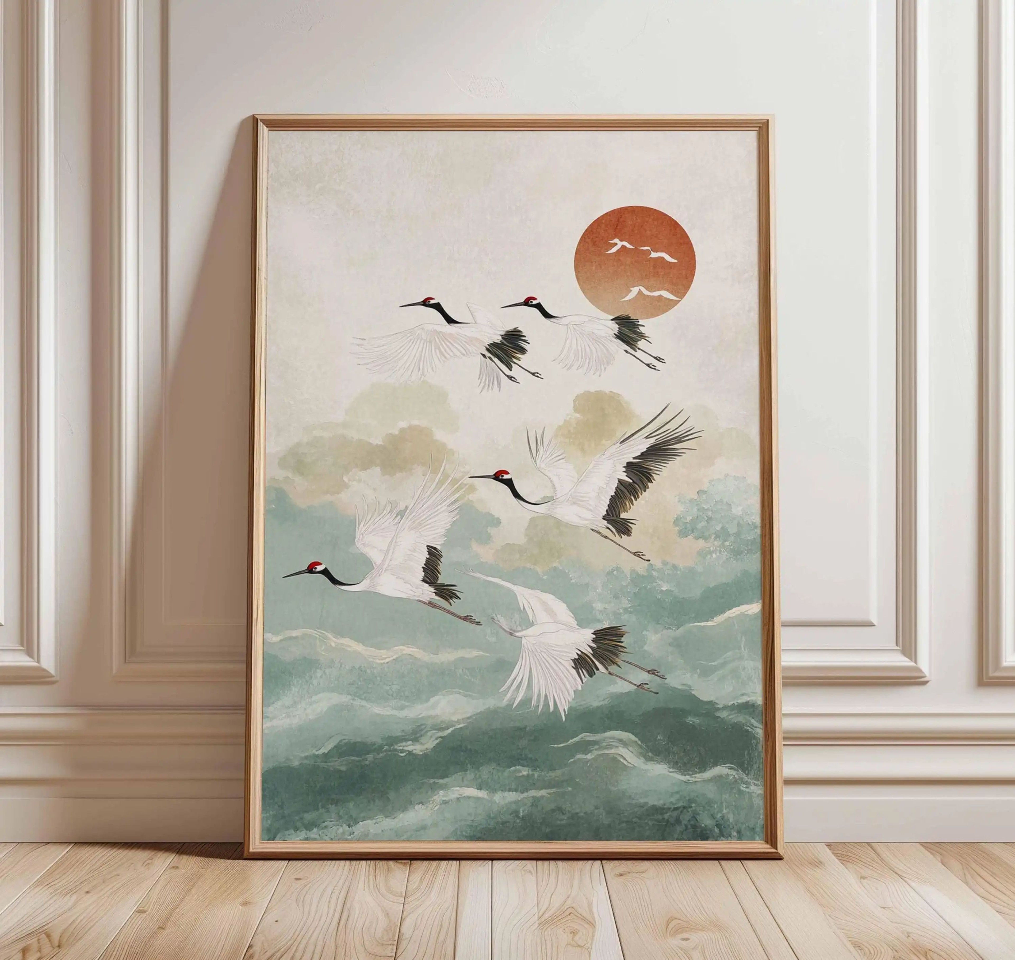 Japanese Crane Ukiyoe Canvas Wall Art Vintage Red Sun Oriental Poster 13
