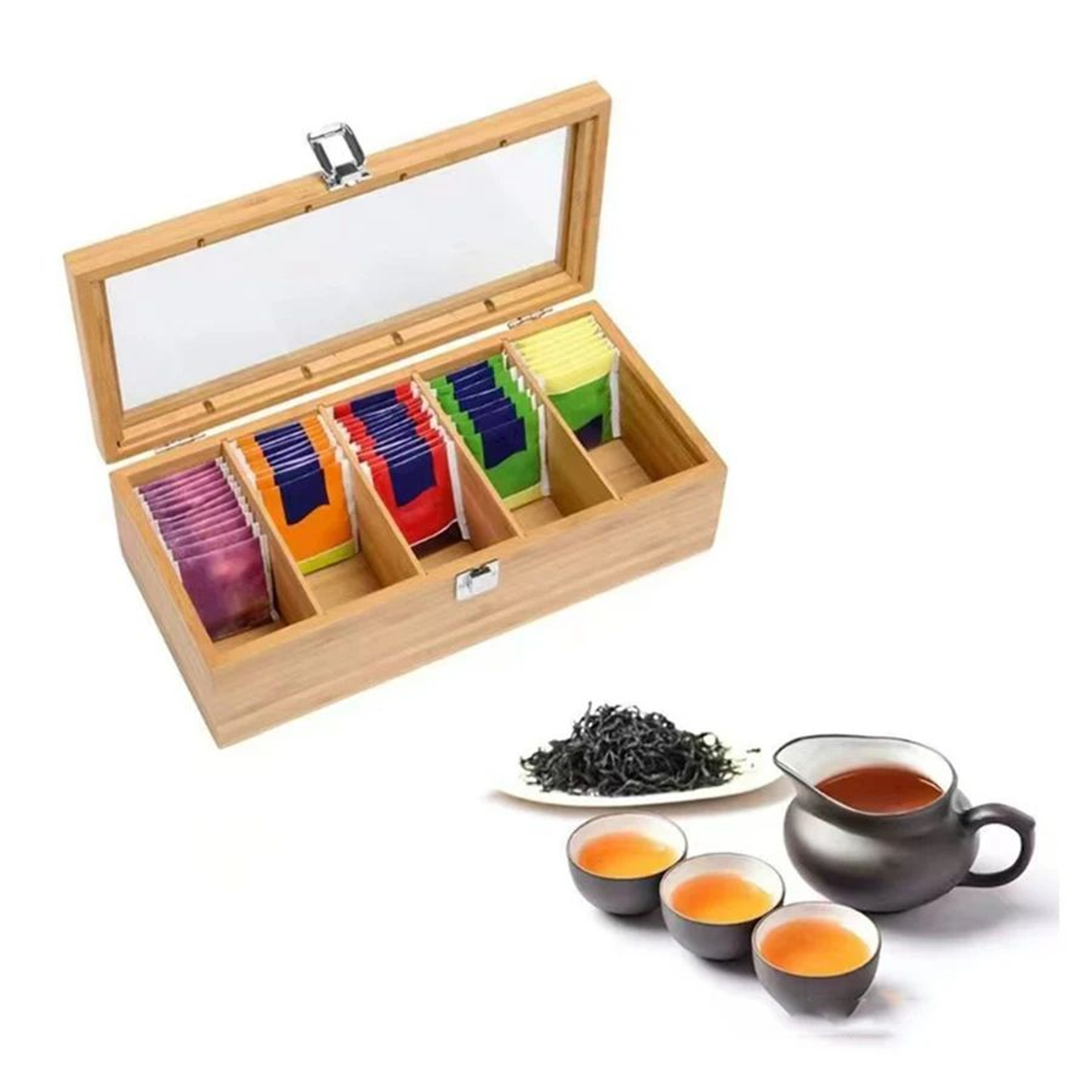 Bamboo Tea Bag Storage Box With 5 Compartments Portable Tea Organizer Holder 2