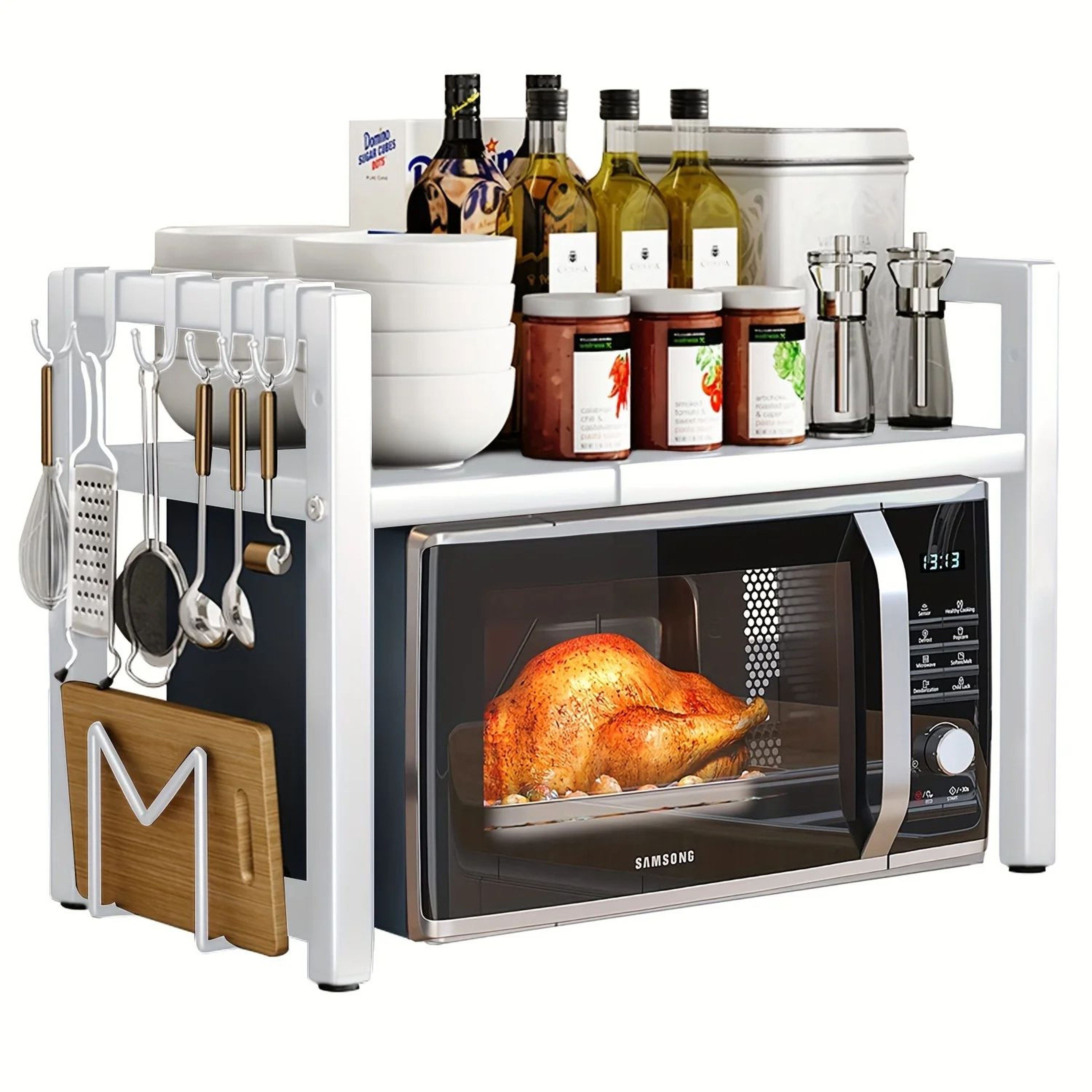 Expandable Microwave Oven Rack Kitchen Storage Shelf With 6 Hooks  Organizer Holders 7