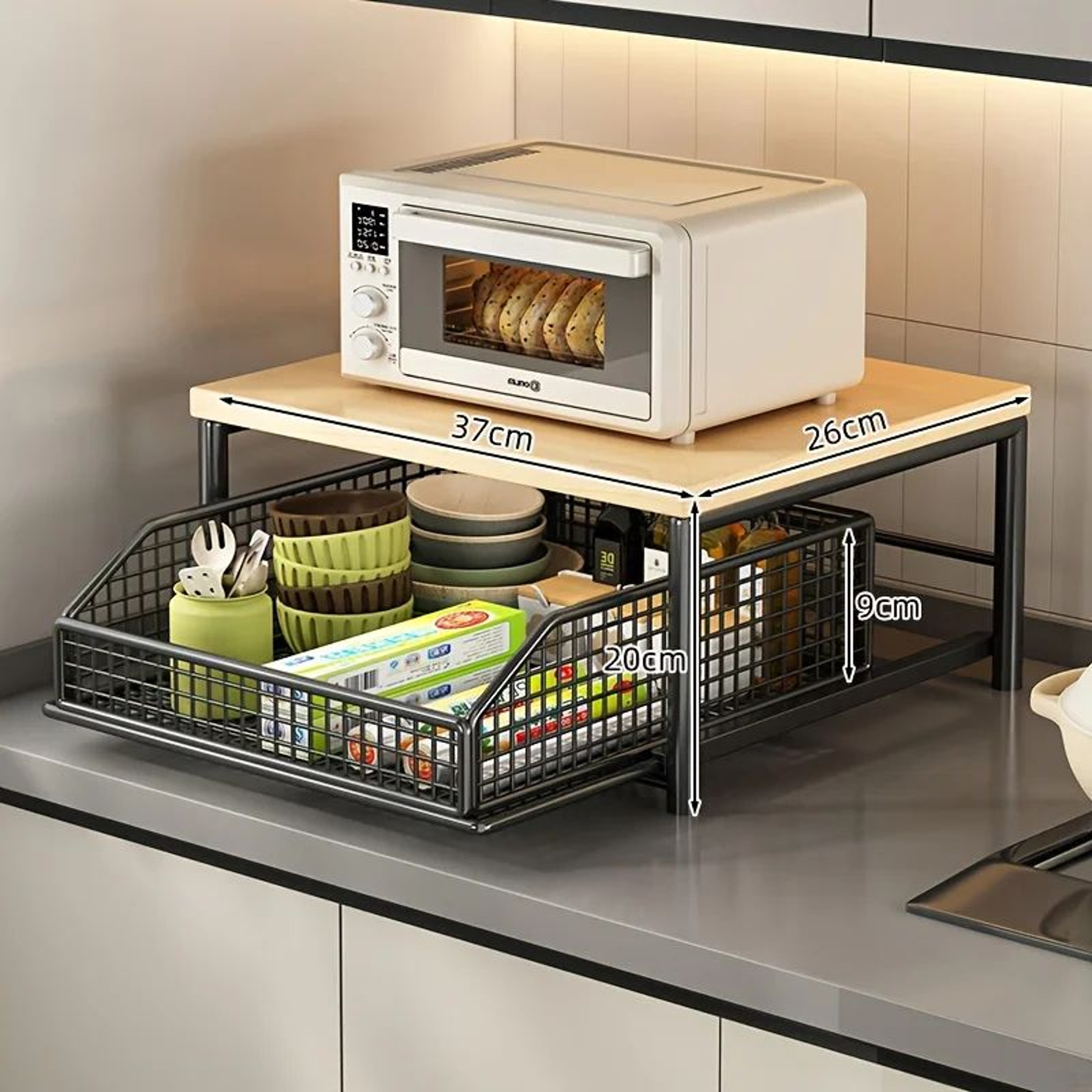 Modern Kitchen Microwave Storage Rack  Solid Wood  Metal Countertop SpaceSaving Organizer 1