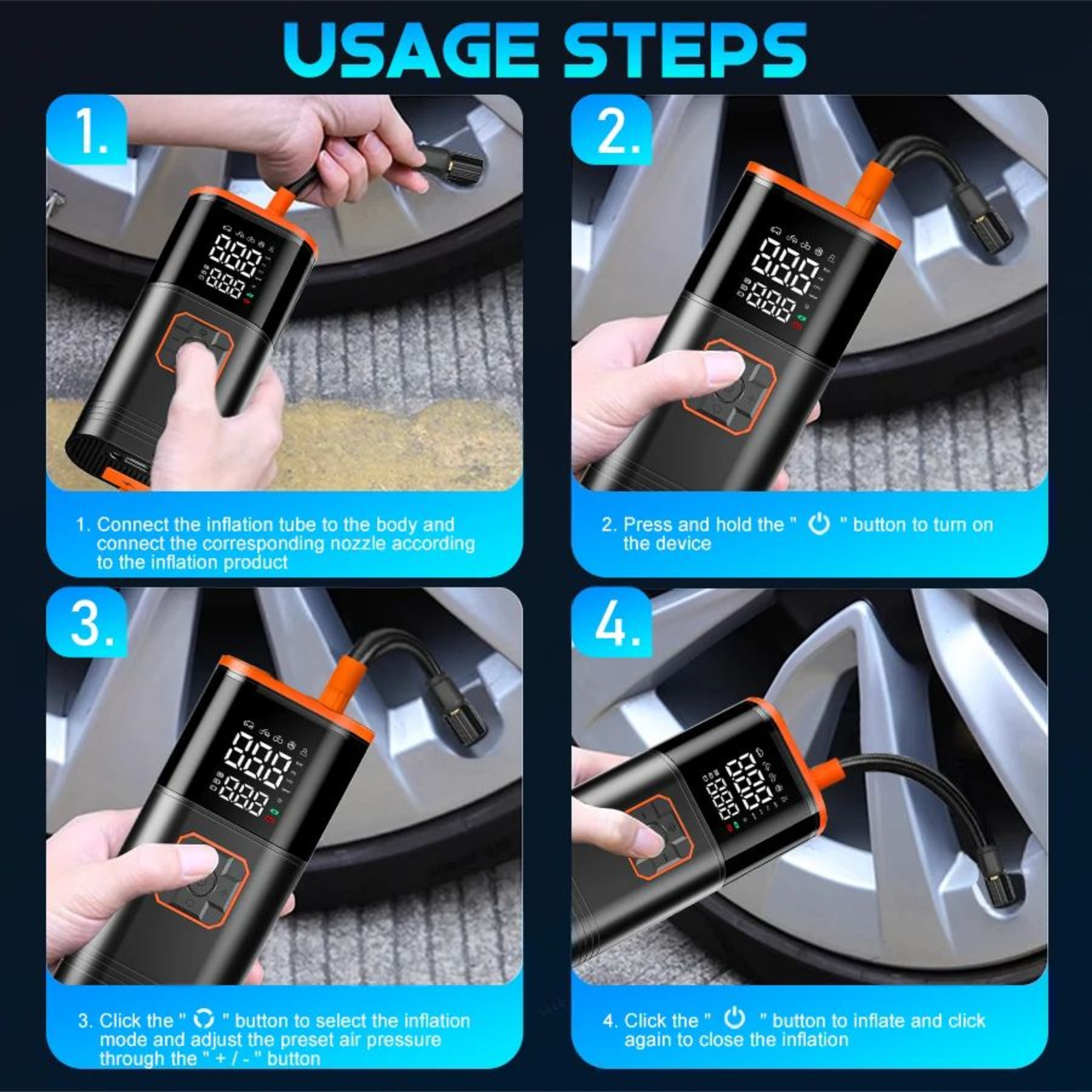 Portable Tire Inflator Air Compressor  Wireless Car Tire Pump With LCD Display  Auto ShutOff 5