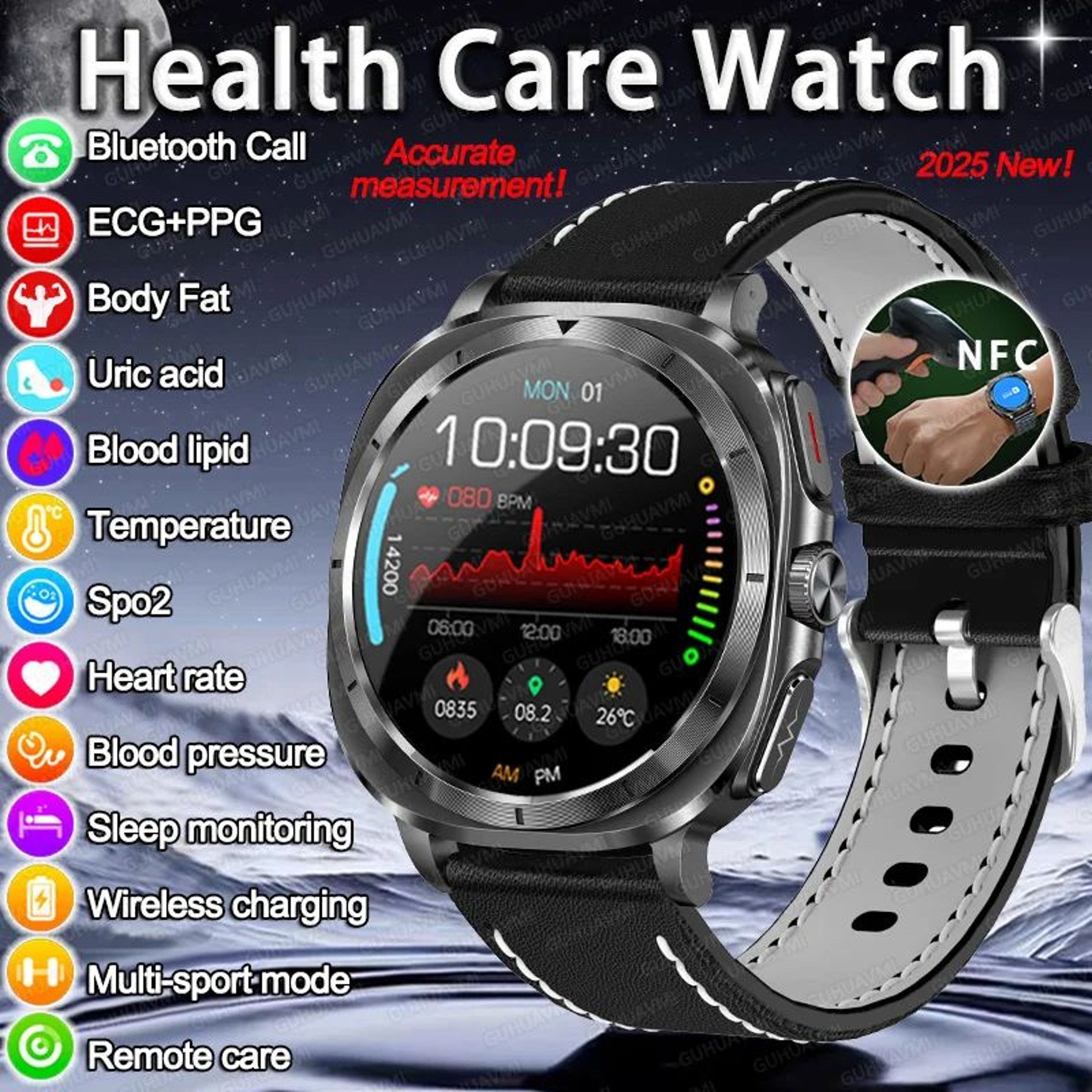 2025 AMOLED ECG Smart Watch  Bluetooth Call NFC Fitness  Wellness Tracker 0
