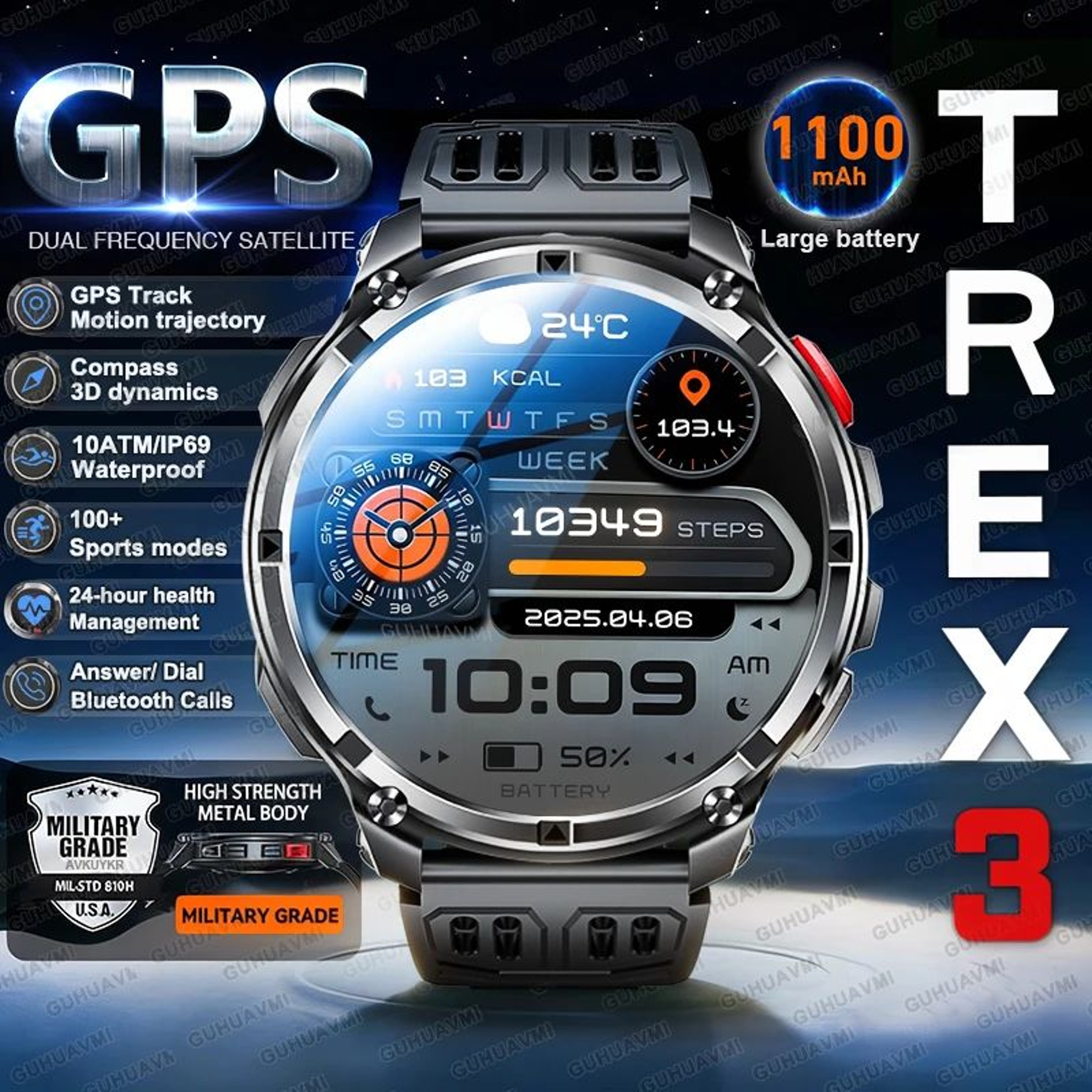 2026 TRex3 Pro Military GPS Smart Watch  1100mAh Rugged AMOLED Fitness Tracker With Bluetooth Call 0