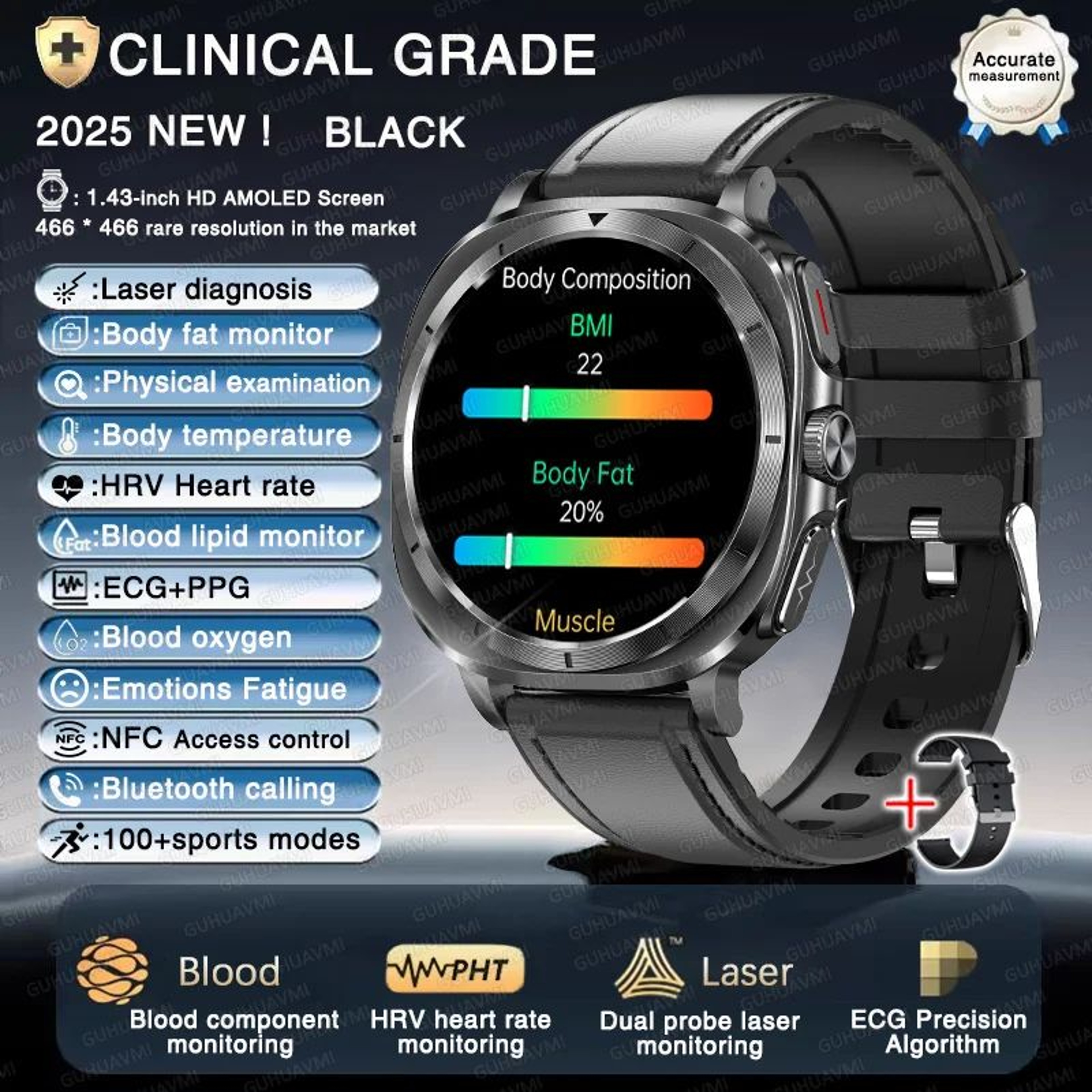 2025 ECG Health Smart Watch  AMOLED Bluetooth Call Fitness Tracker With Body Analysis 9