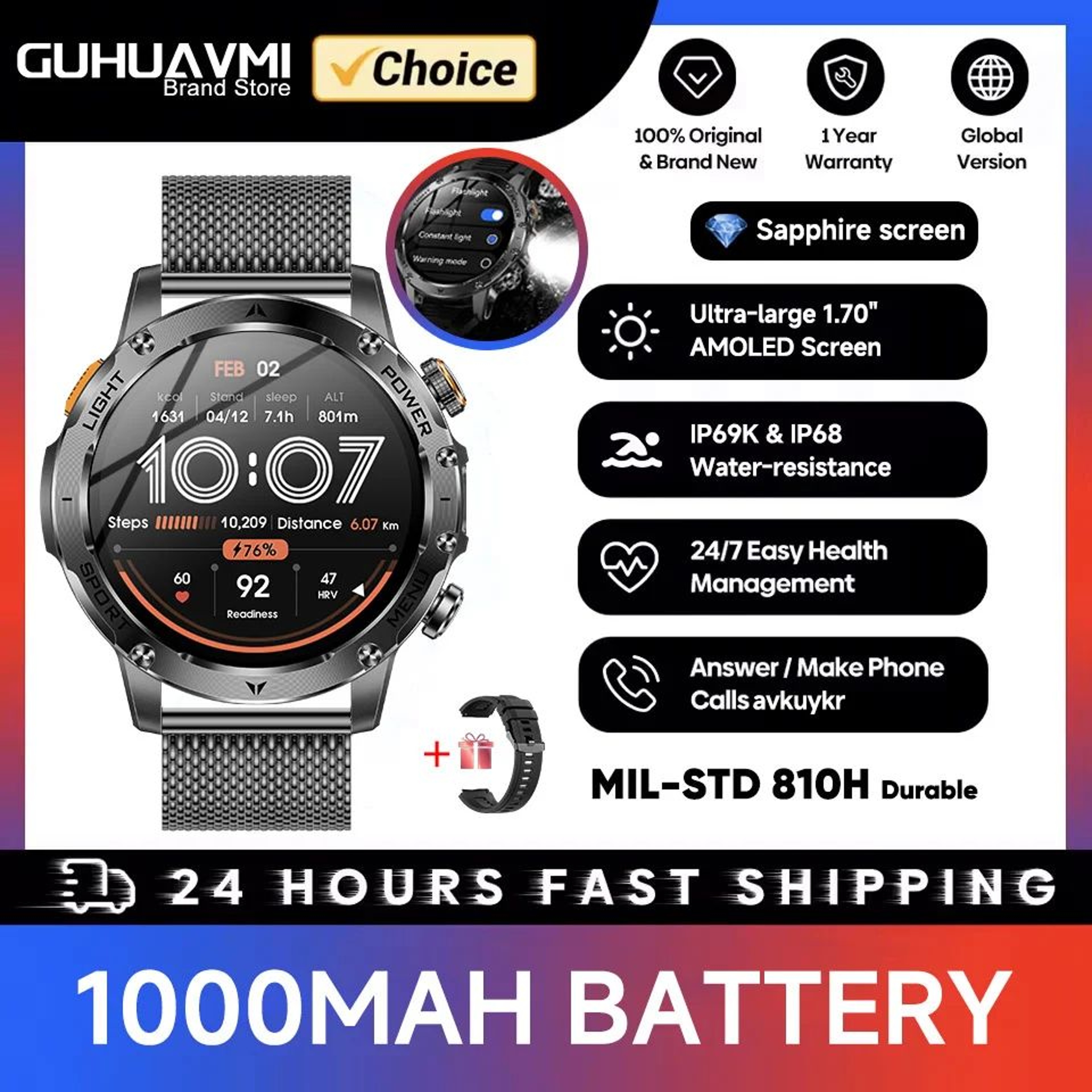 2025 Military GPS Smart Watch  1000mAh AMOLED Bluetooth Call Fitness Tracker 8
