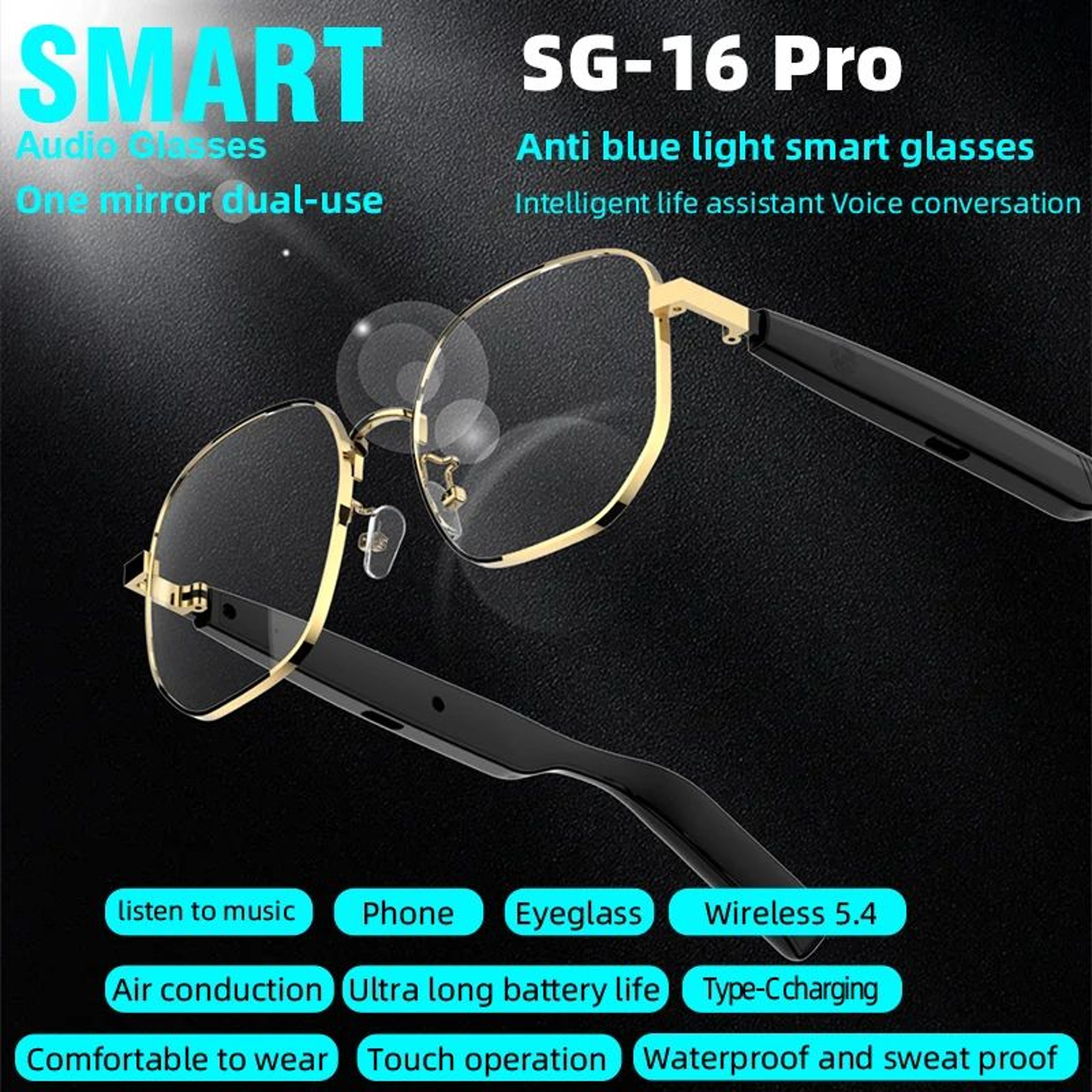 SG16 PRO Bluetooth Smart Audio Glasses  Anti Blue Light Gold Frame Wireless Sunglasses 4