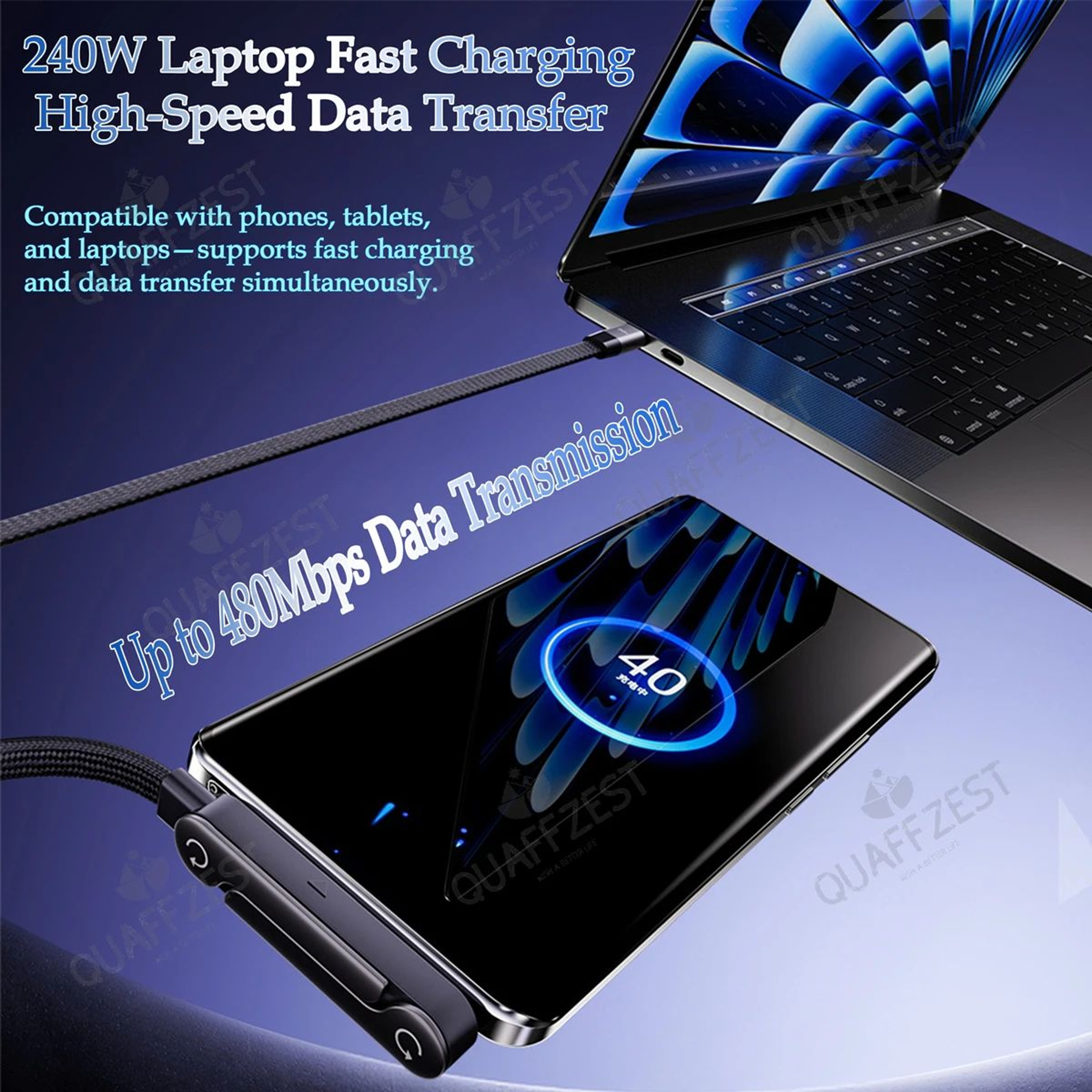 240W PD Fast Charging Cable  Foldable Phone Holder USB TypeC Charger For IPhone Samsung Xiaomi 1
