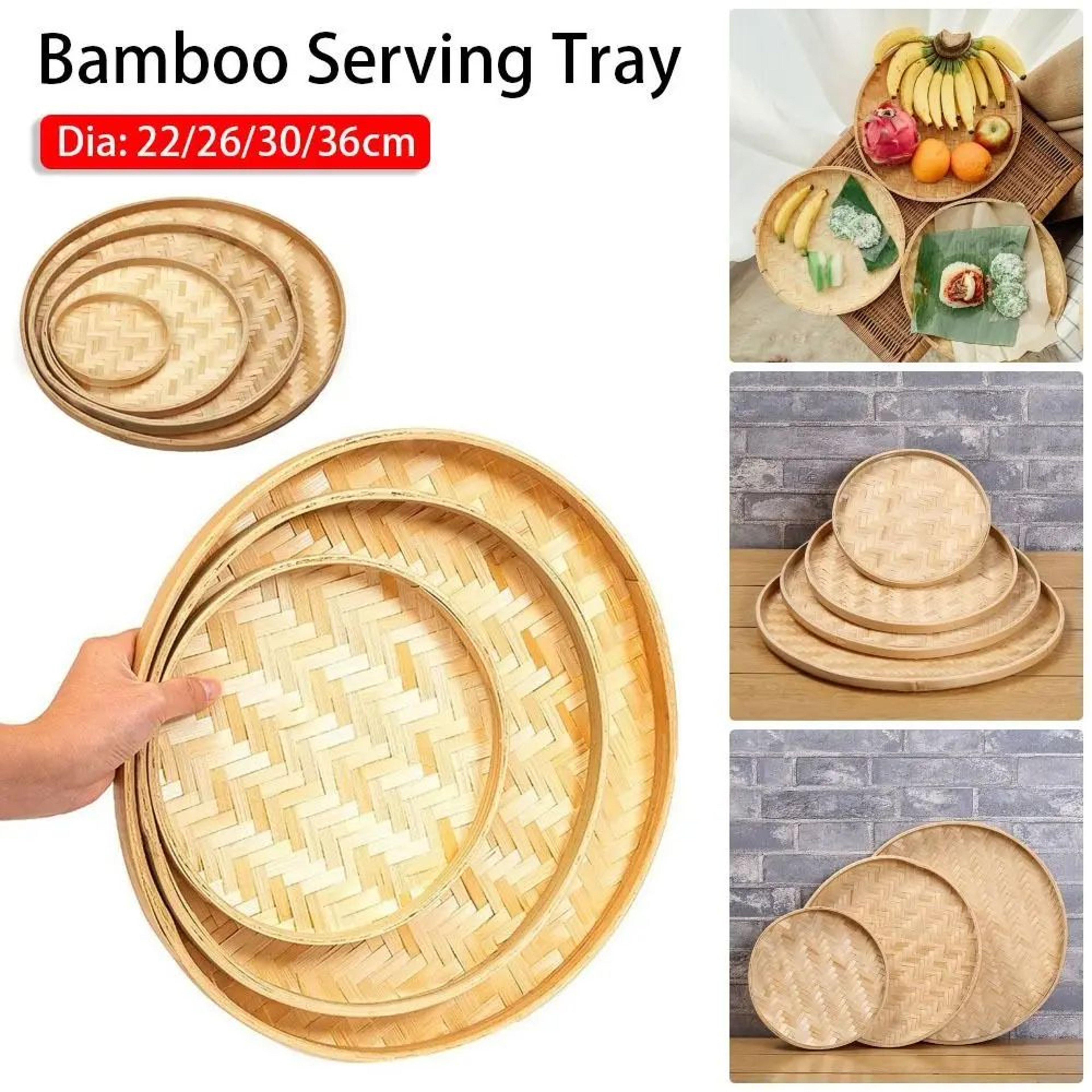 Handwoven Bamboo Serving Tray  Decorative Round Fruit  Bread Storage Basket 0