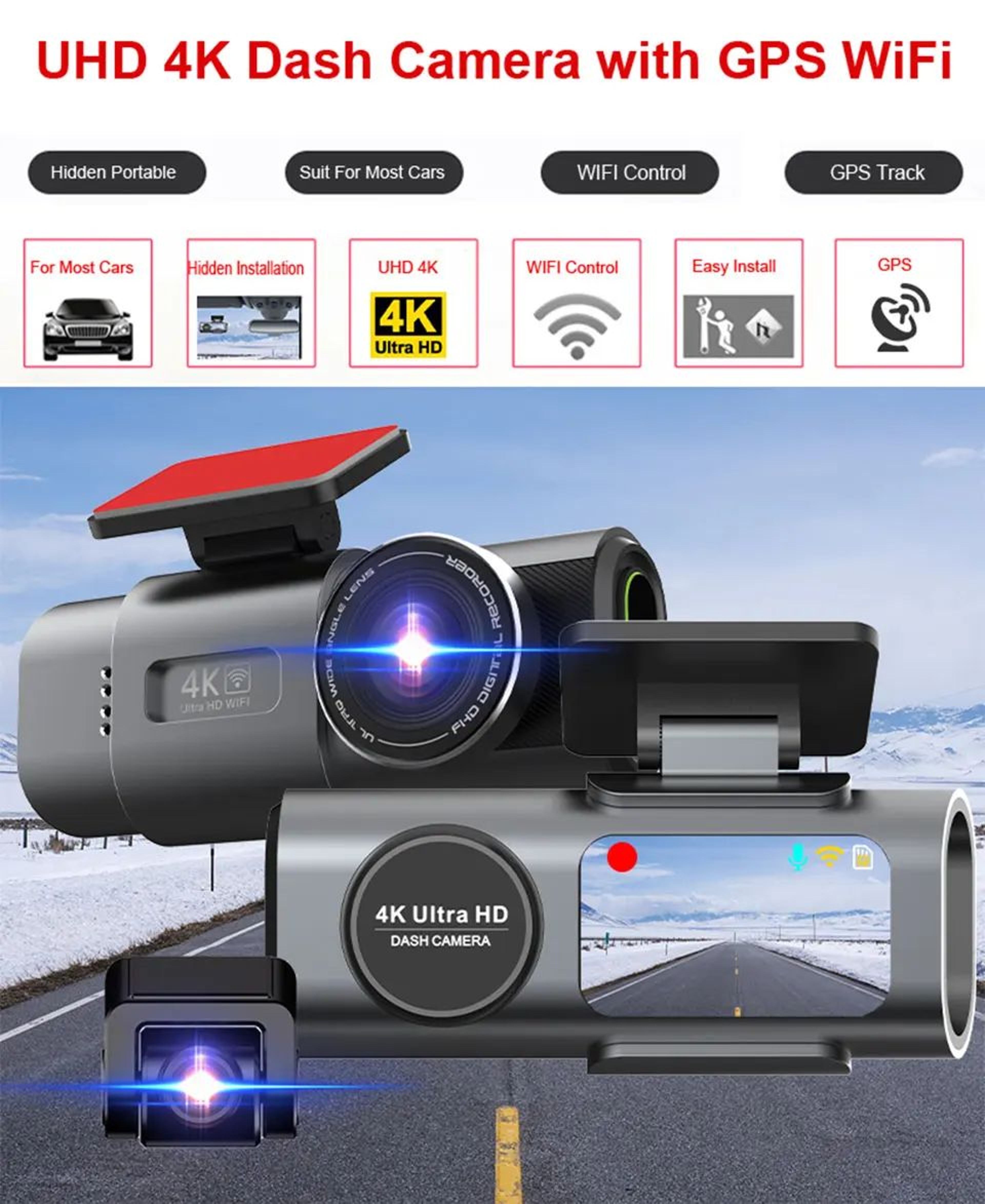 4K UHD Dash Cam DVR  WiFi GPS Night Vision Front  Rear Car Camera With 24H Parking Monitor 2