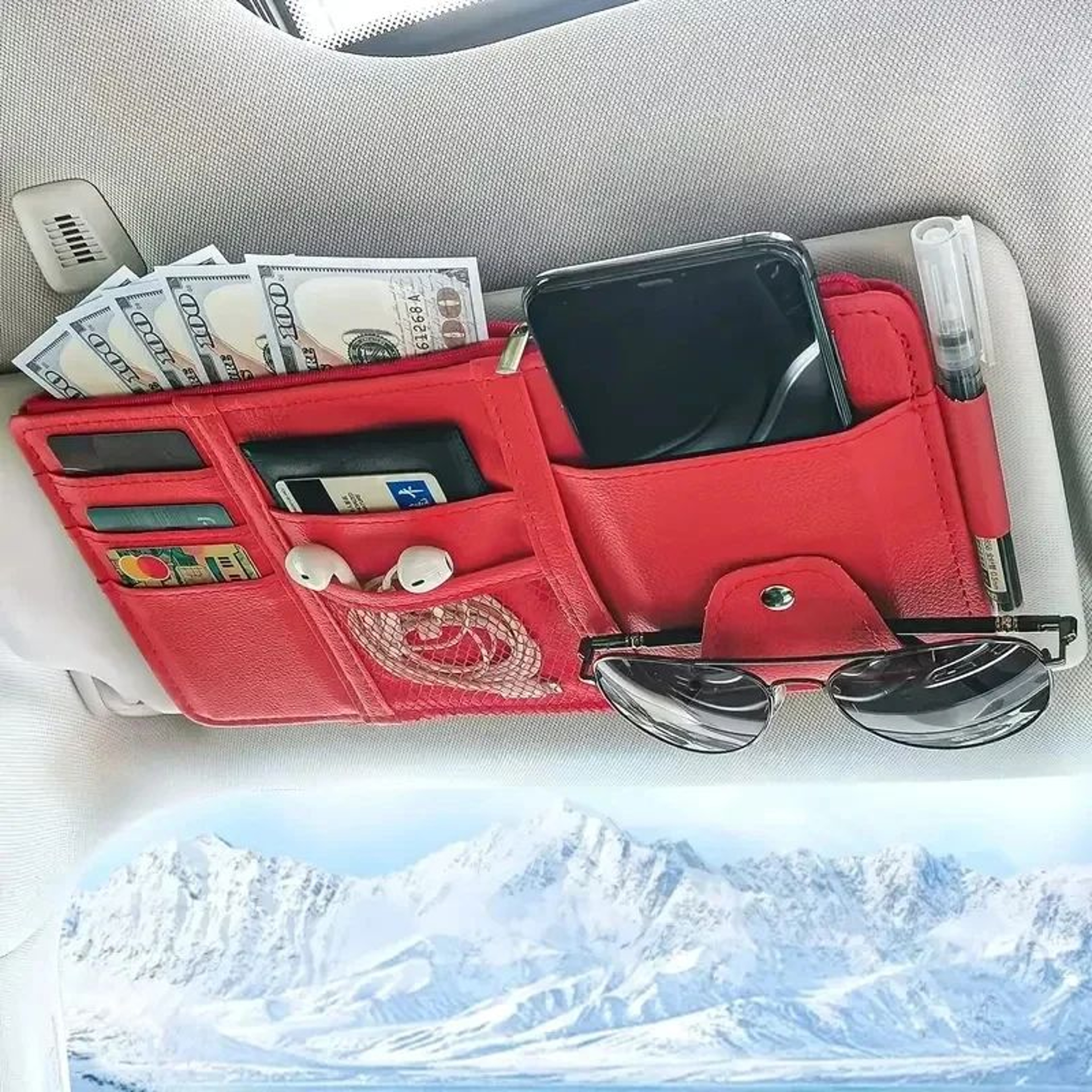 MultiPocket Car Sun Visor Organizer  Auto Document Storage Pouch With Pen Holder  Card Slots 5
