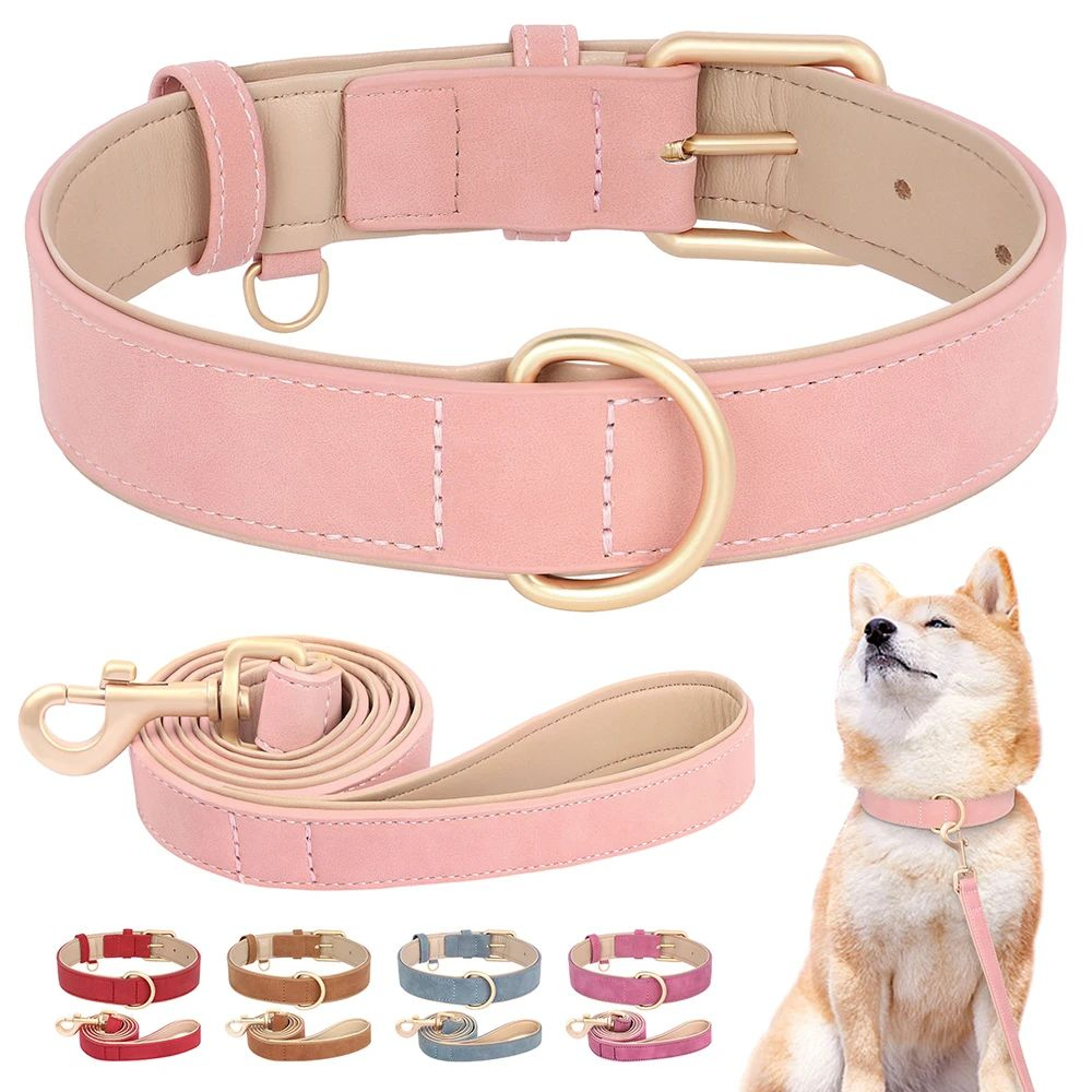 Soft Padded PU Leather Dog Collar  Leash Set  Adjustable Walking Lead For Small Medium  Large Dogs 0