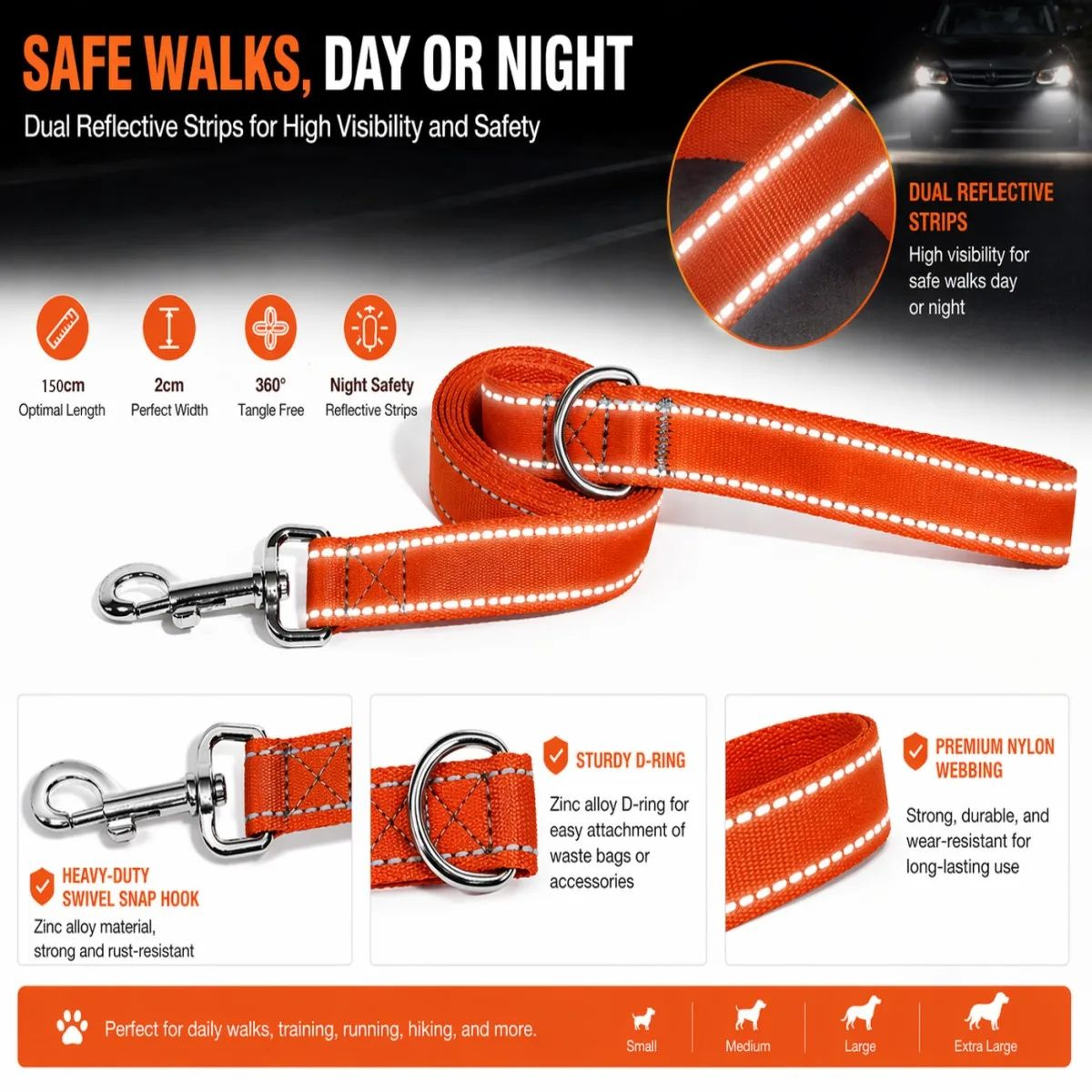 Reflective Nylon Dog Leash 5ft  Heavy Duty Walking Lead With 360 Swivel Clasp Comfort Handle  Night 4