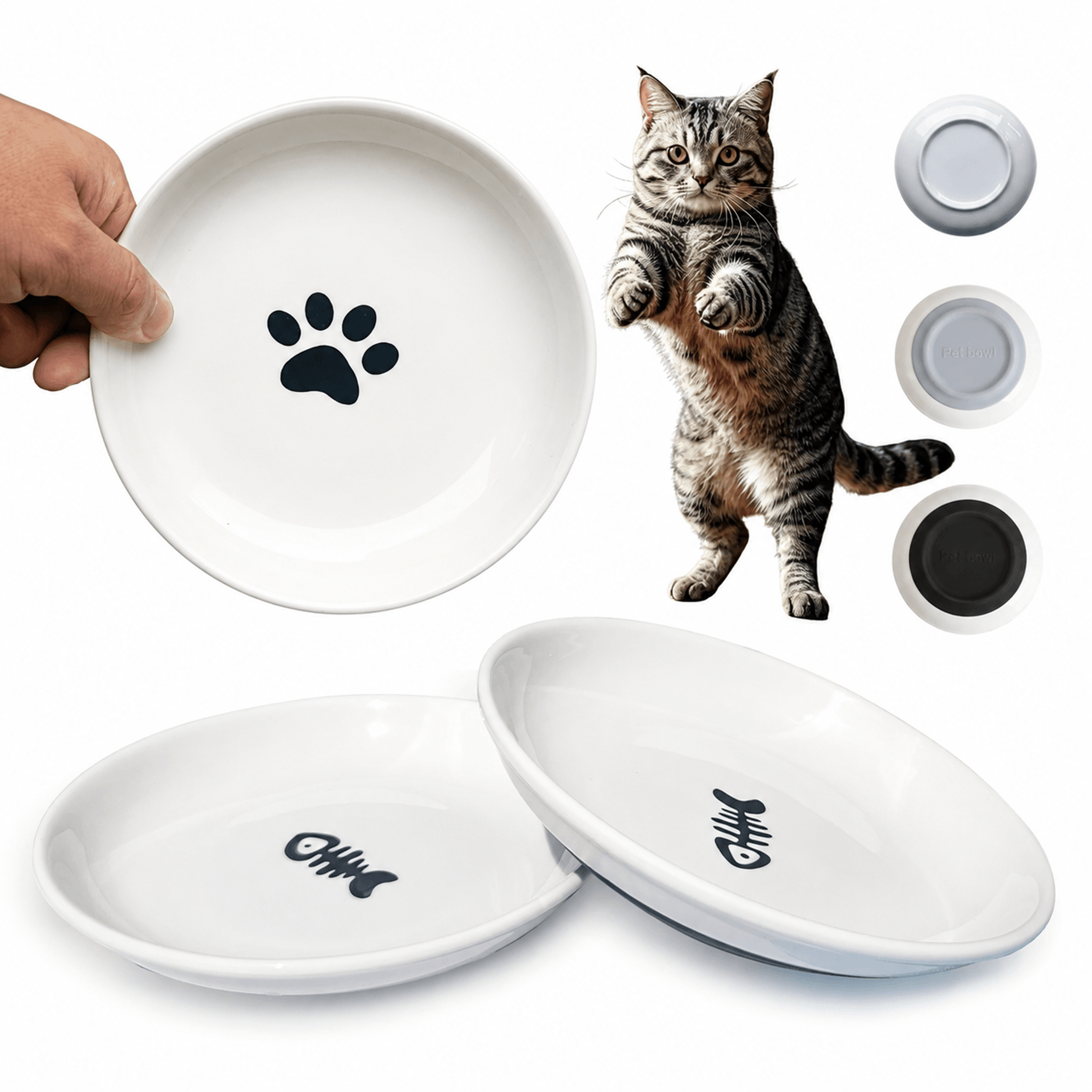 Oitabi 3 Pcs AntiWhisker Ceramic Cat Bowl Set  NoSpill Shallow Cat Food  Water Dishes With NonSlip  0