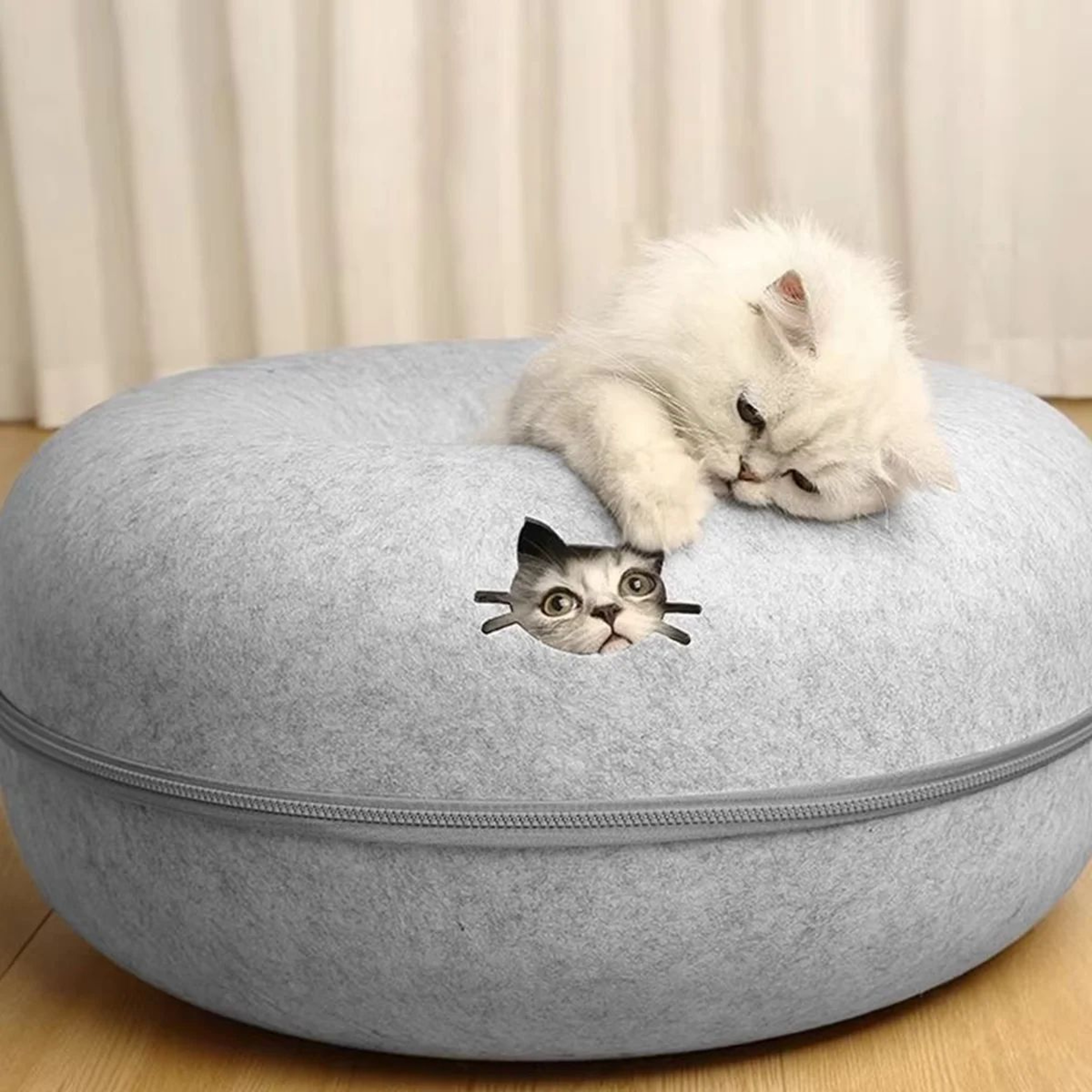 Interactive Felt Cat Tunnel Bed  Donut Nest Hideaway Scratcher  Sleeping Cave For Indoor Cats 2