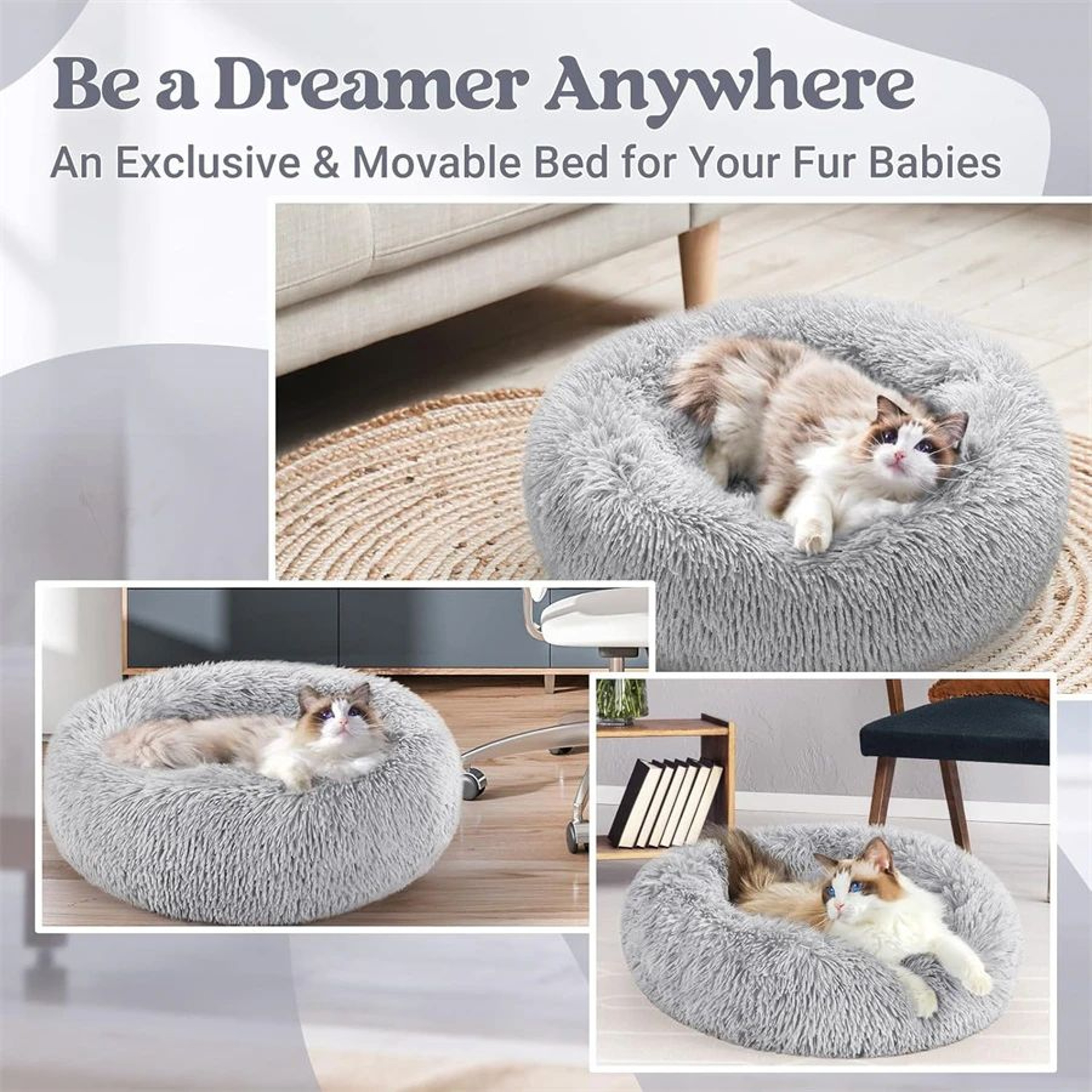 Calming Faux Fur Donut Dog  Cat Bed  Soft Plush AntiAnxiety Pet Sleeping Cushion For Small  Medium  5
