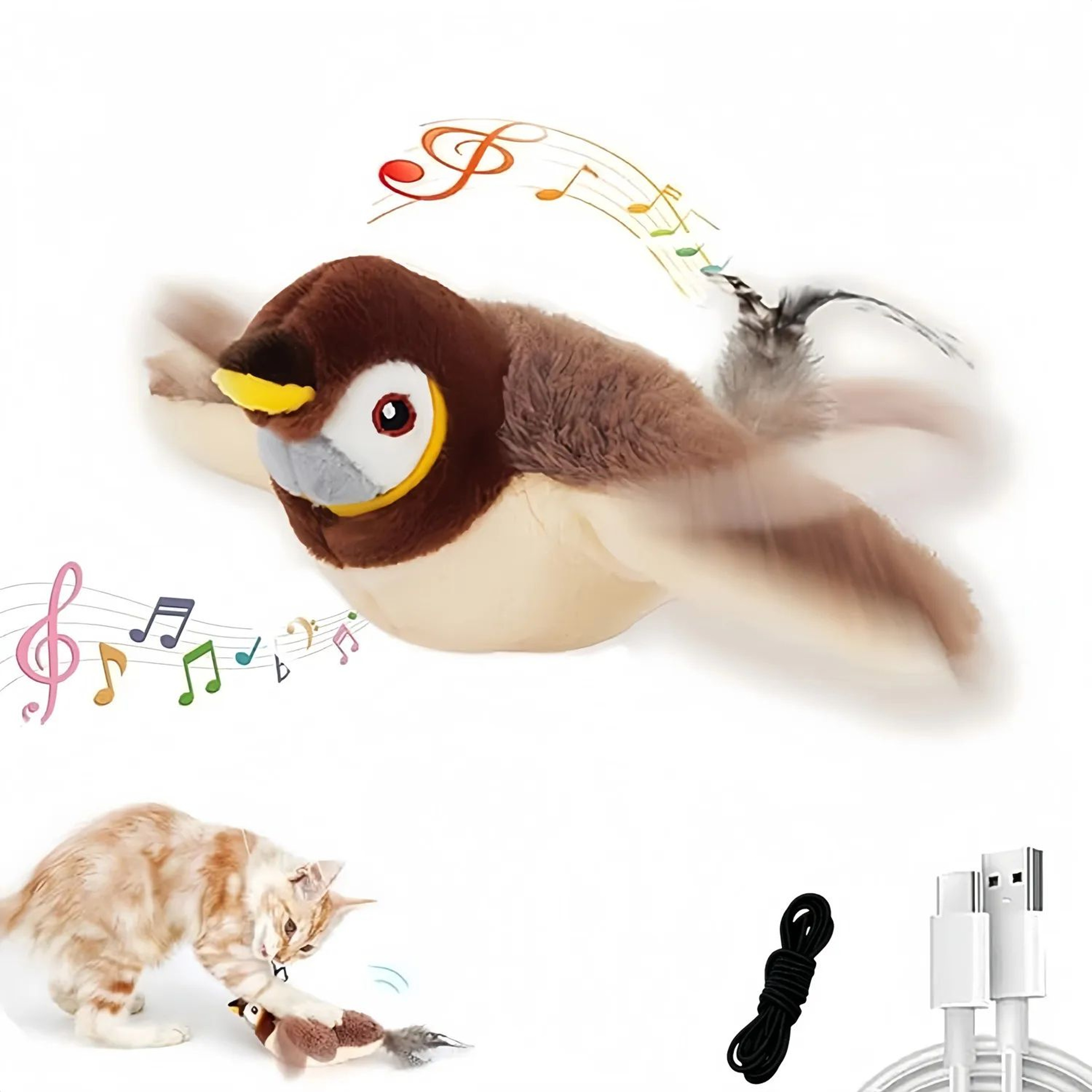 Rechargeable Flapping Sparrow Cat Toy  Interactive Chirping Bird With Touch Activation  USB Chargin 0