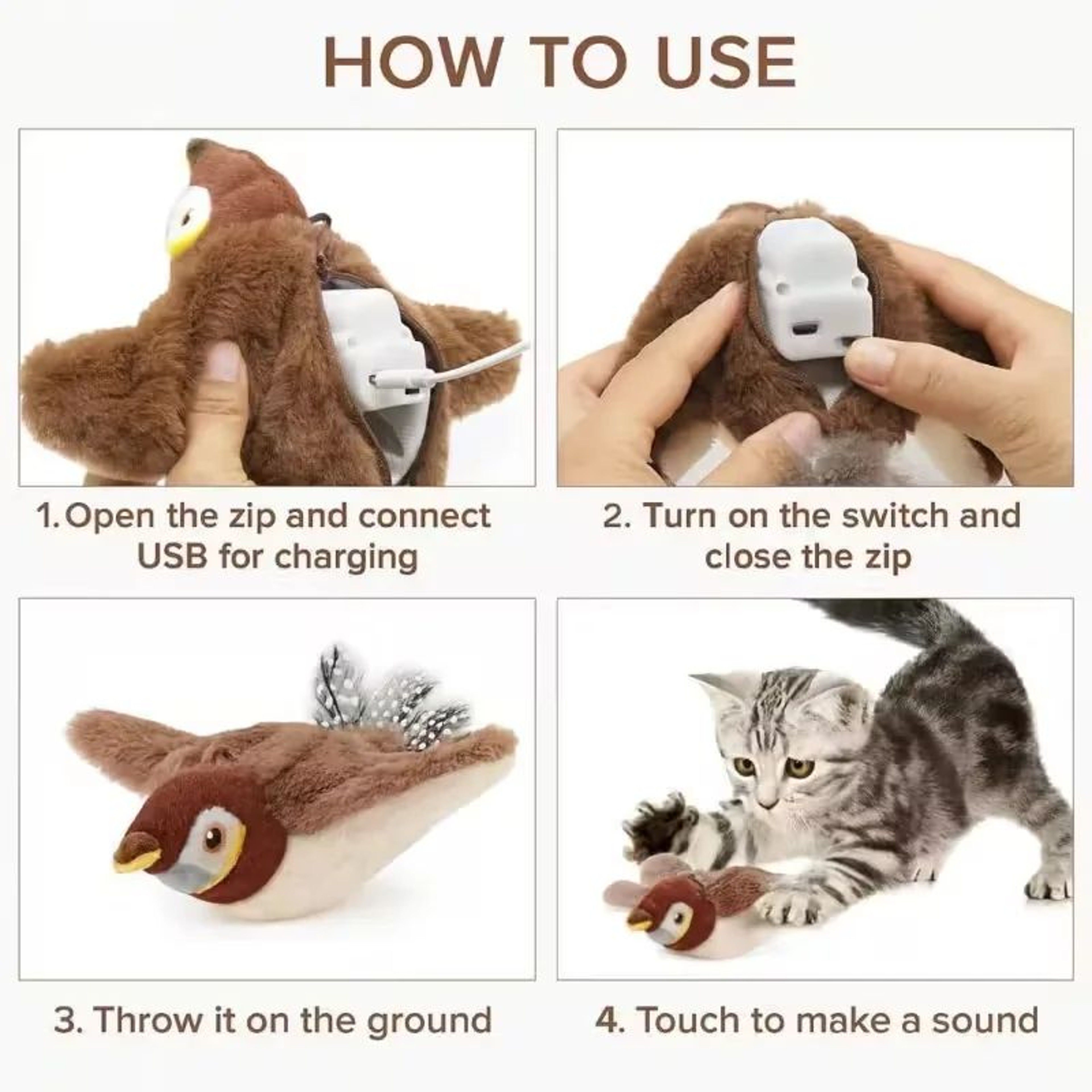 Rechargeable Flapping Sparrow Cat Toy  Interactive Chirping Bird With Touch Activation  USB Chargin 2