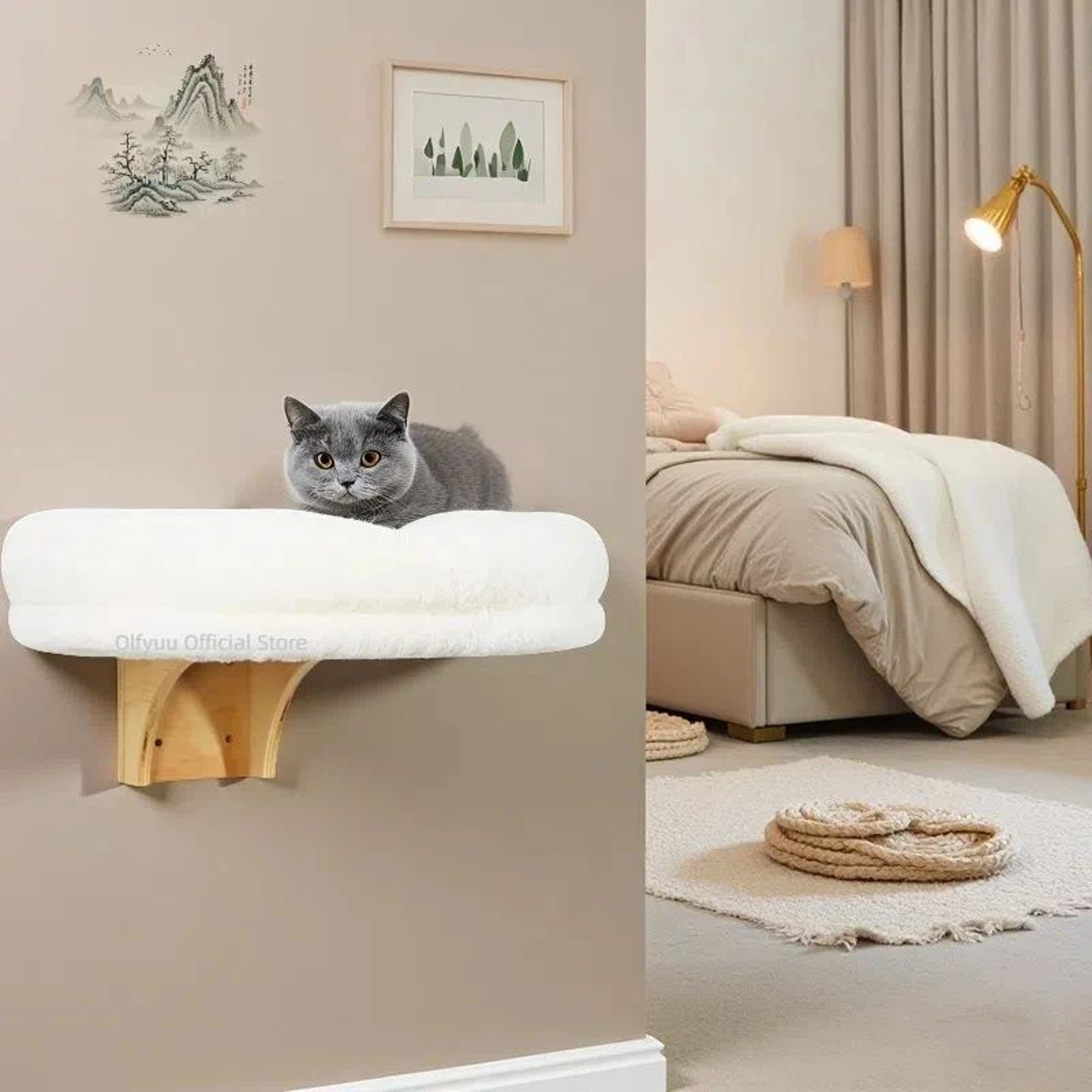 Wall Mounted Wooden Cat Perch  Elevated Winter Cat Bed  SpaceSaving Cat Furniture With Support Brac 2