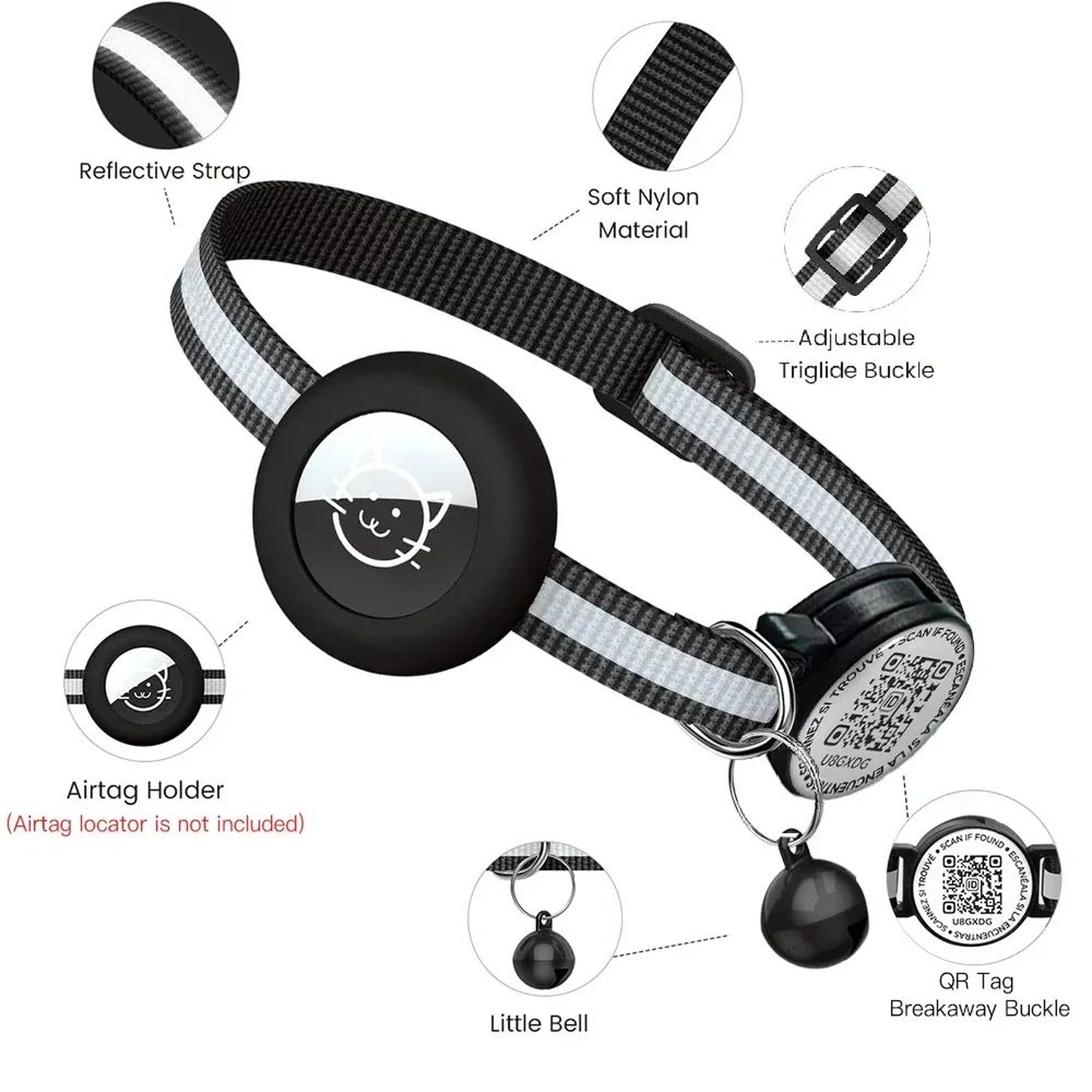 Reflective Cat GPS Tracker Collar With QR ID Tag  AirTag Holder  Breakaway Nylon Safety Collar For  2