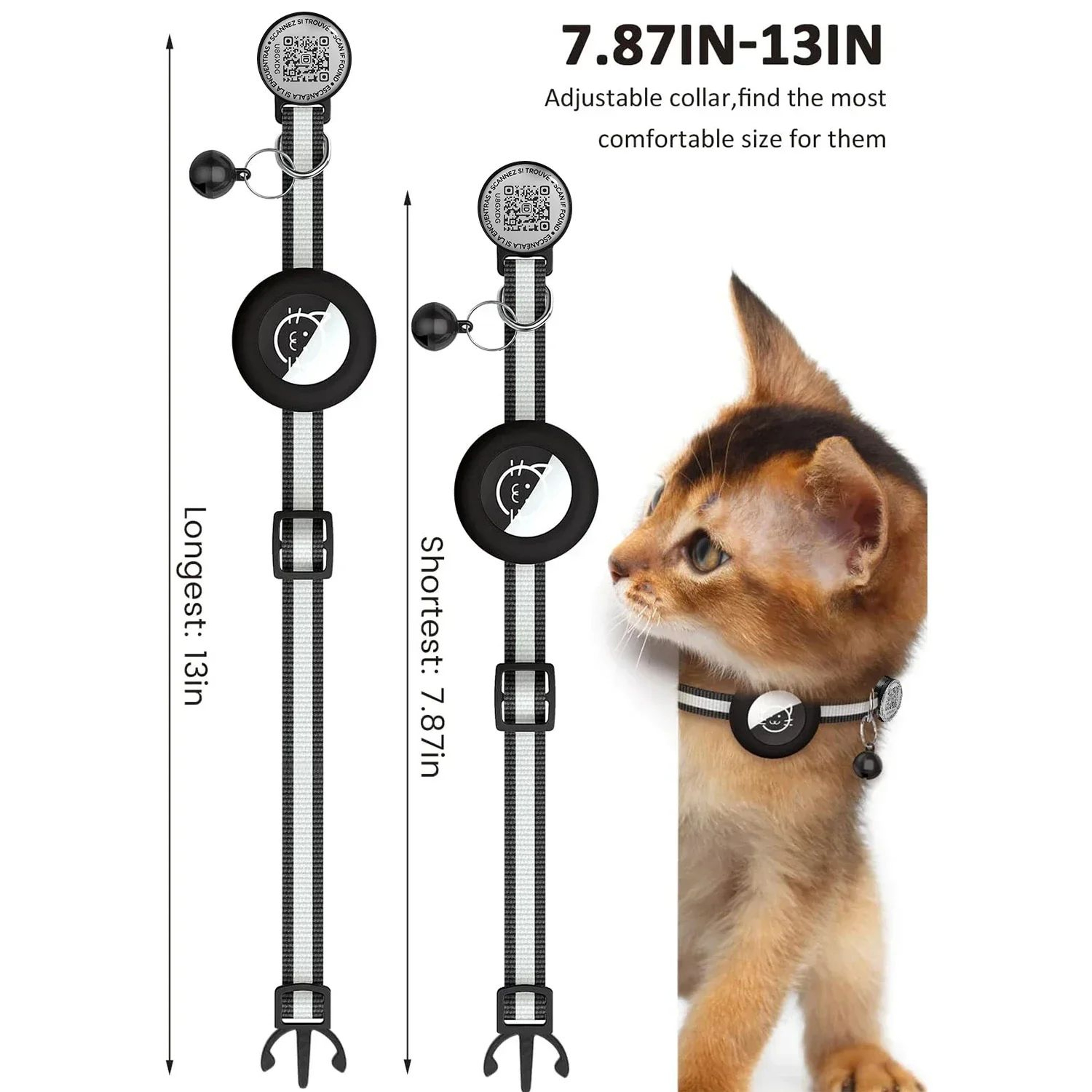 Reflective Cat GPS Tracker Collar With QR ID Tag  AirTag Holder  Breakaway Nylon Safety Collar For  3