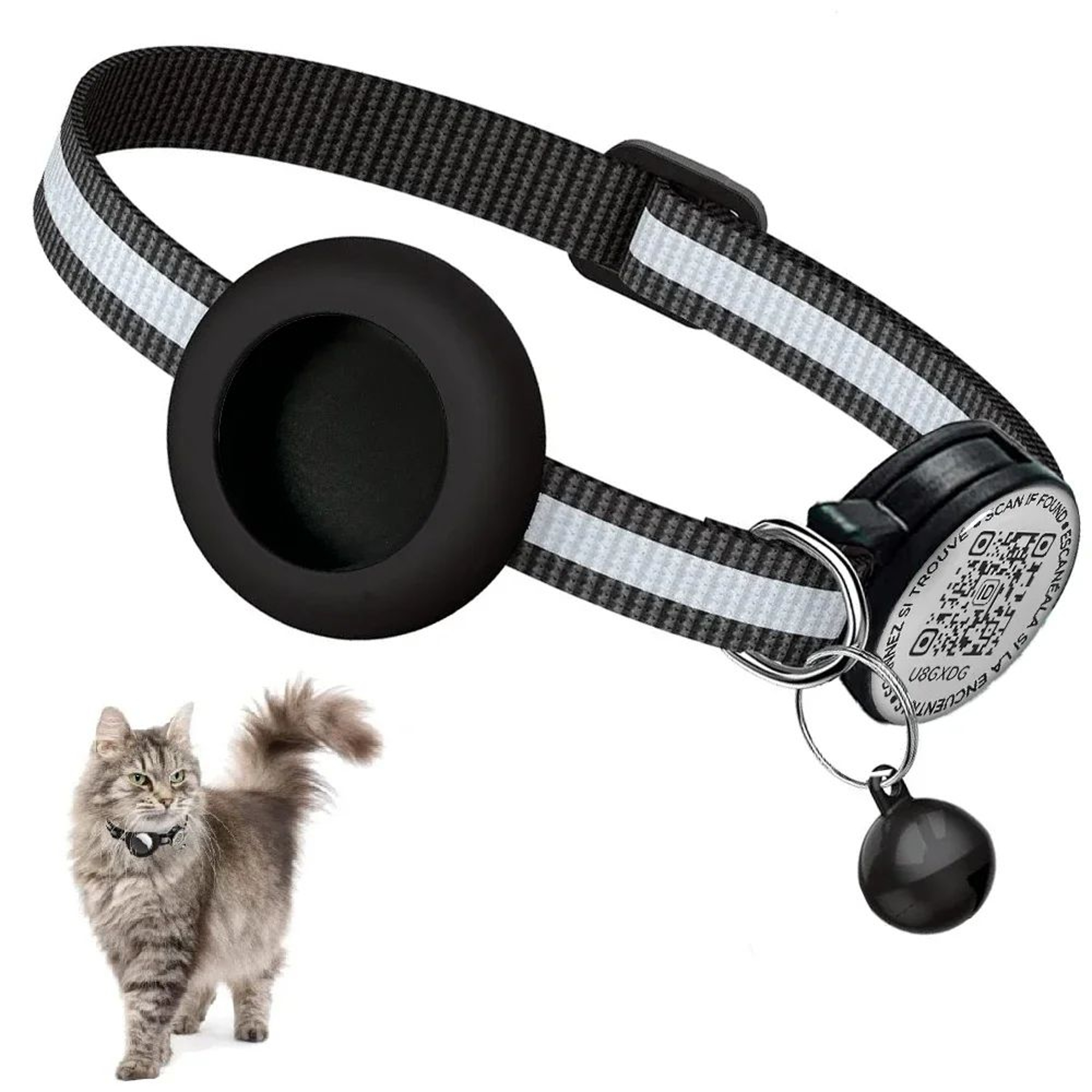 Reflective Cat GPS Tracker Collar With QR ID Tag  AirTag Holder  Breakaway Nylon Safety Collar For  6