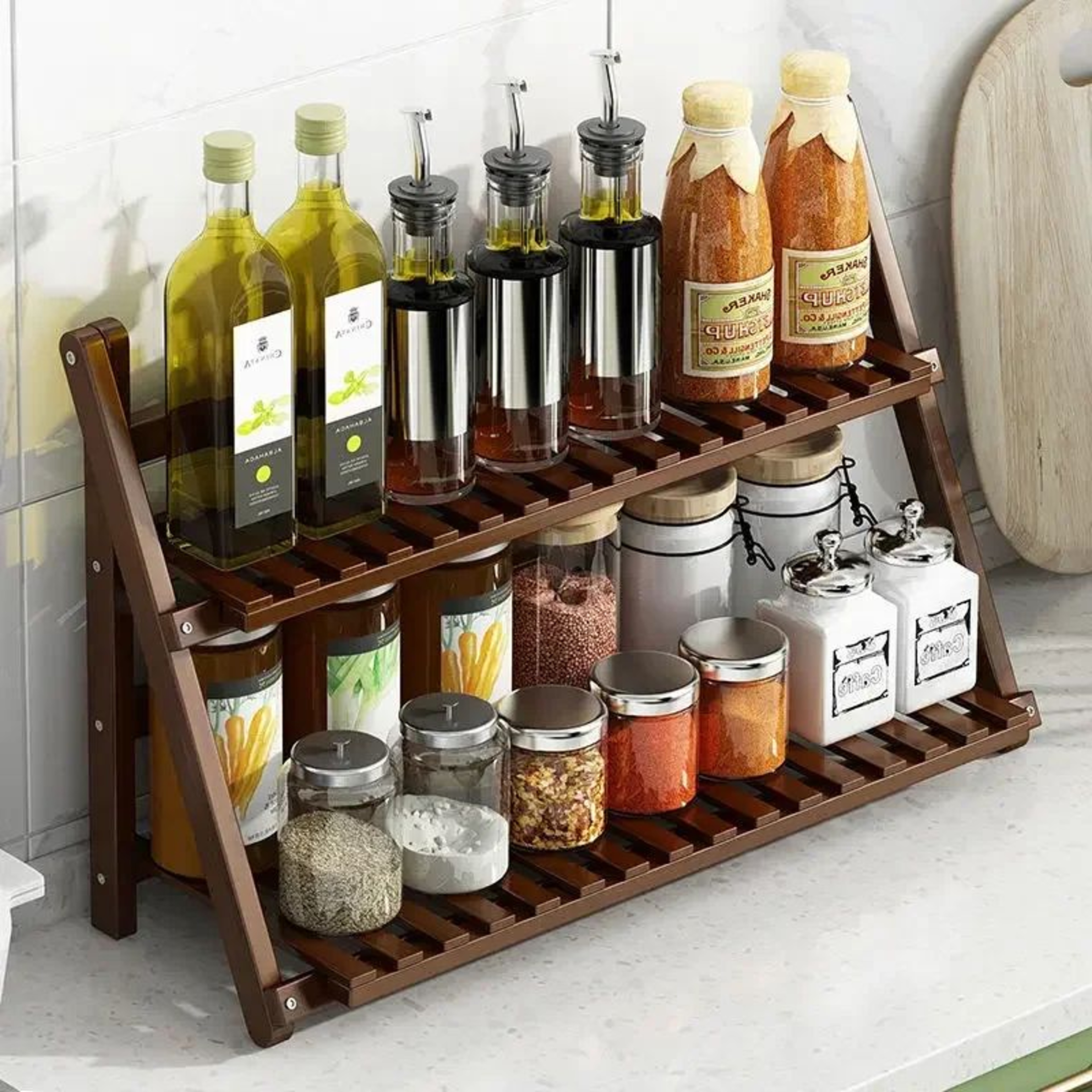 2Tier Foldable Bamboo Countertop Storage Rack  Modern Kitchen Seasoning Organizer Shelf 2